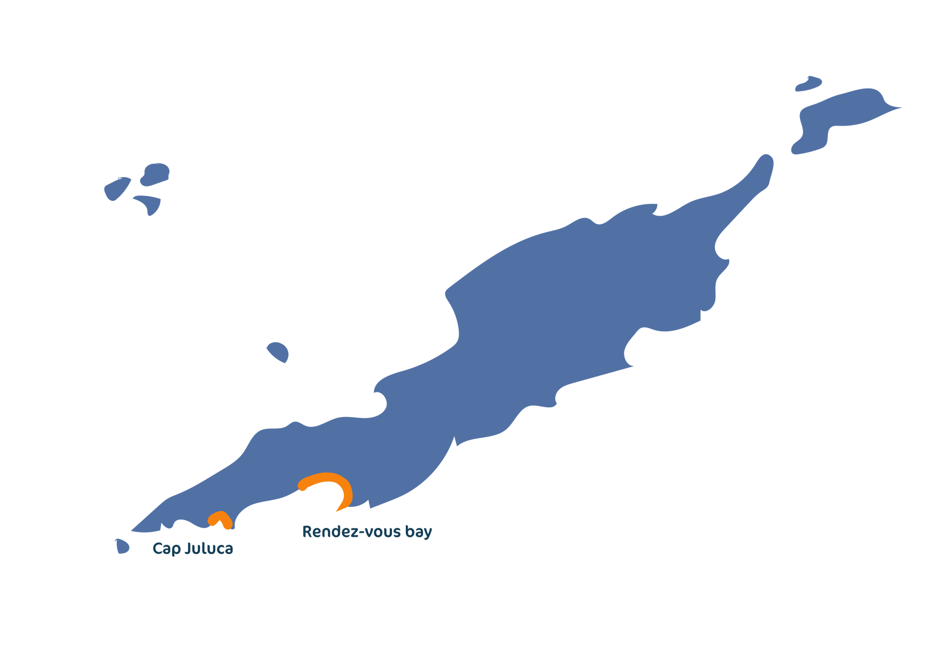 Map of Anguilla with orange highlights at Shoal Bay and Cap Juluca.