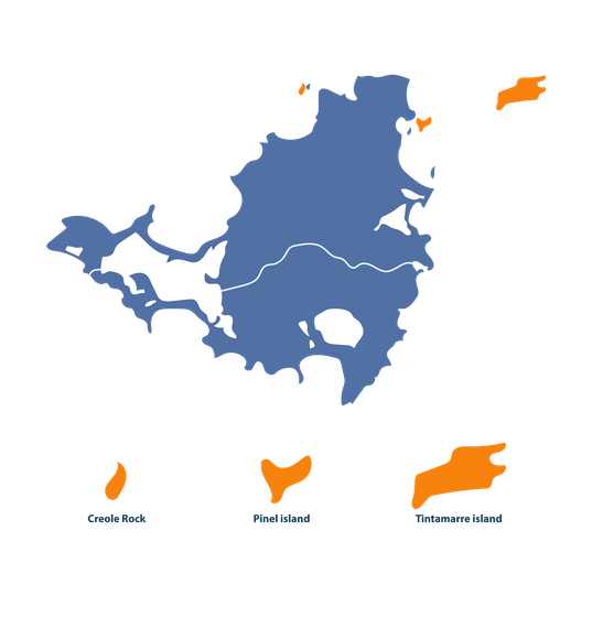 Map of Saint Martin and surrounding islands, blue and orange color scheme.