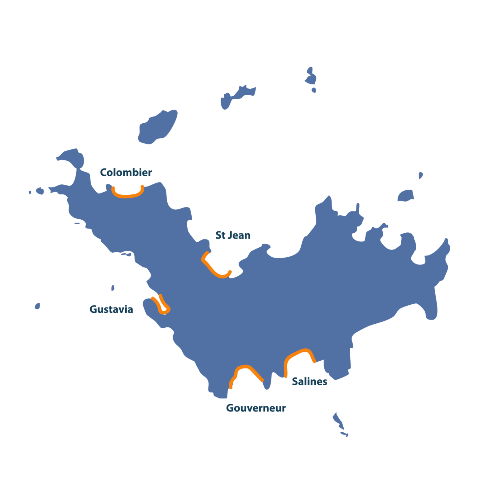 Map of Saint Barthélemy with beaches highlighted in orange along the coastline.