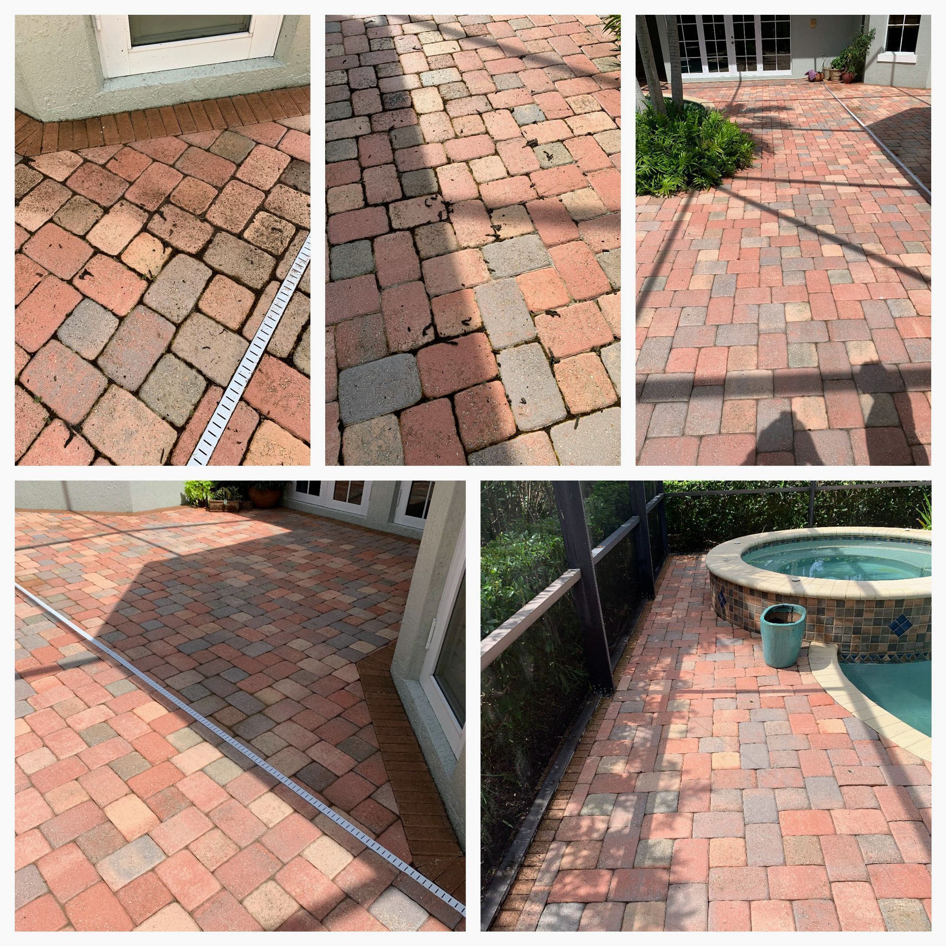 A collage of photos of a brick patio with a hot tub in the background