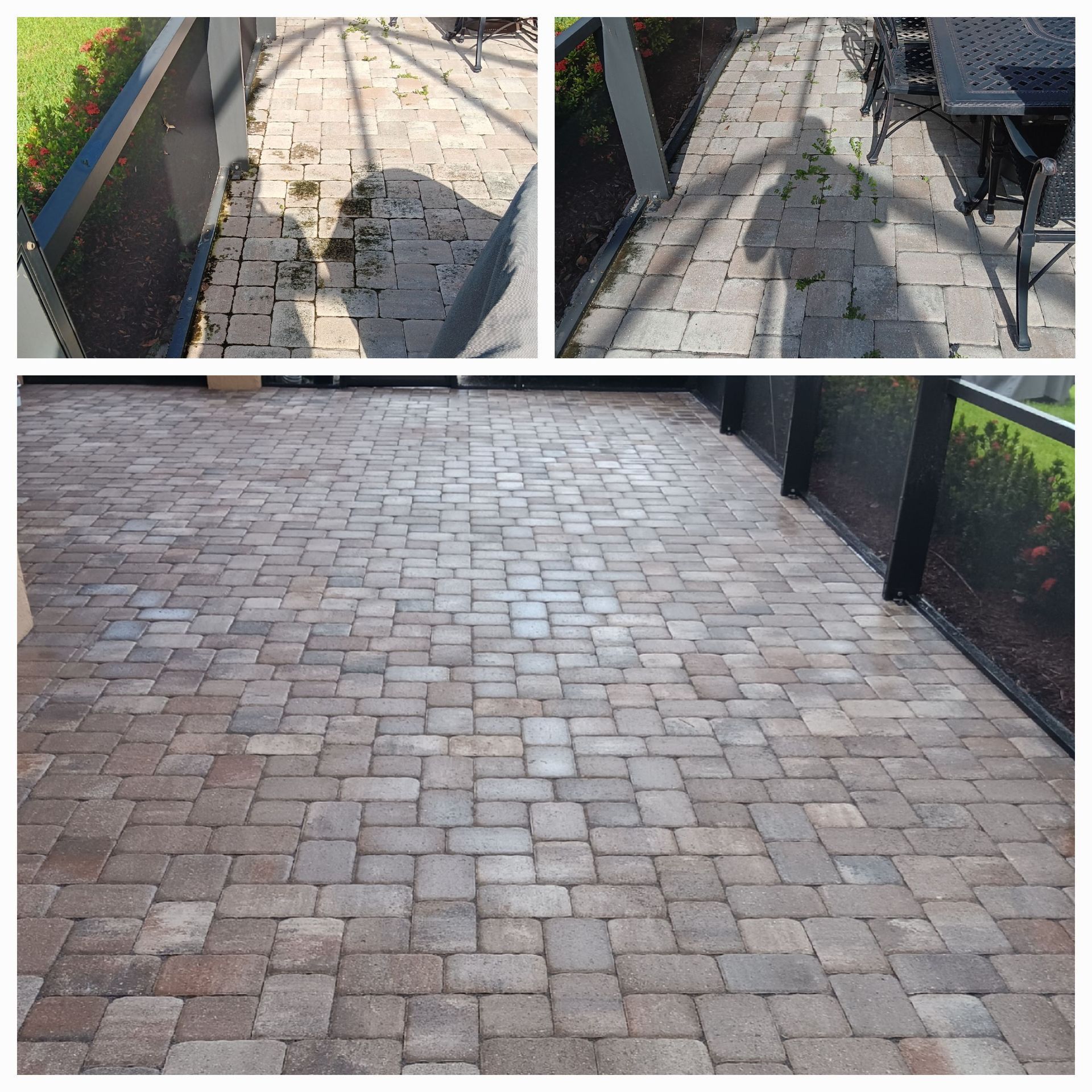 A collage of three pictures of a brick walkway before and after being cleaned
