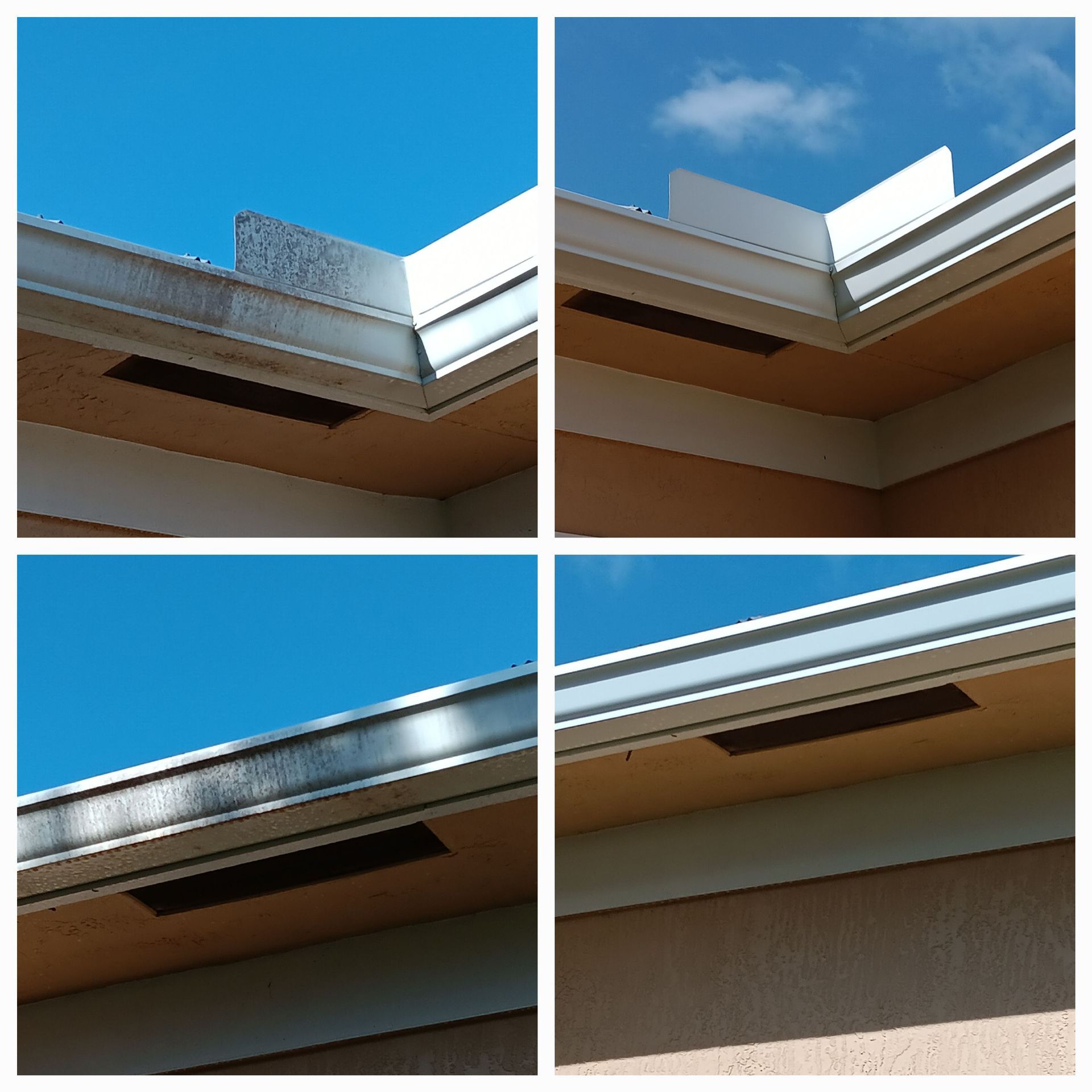A collage of four pictures of a gutter on a building