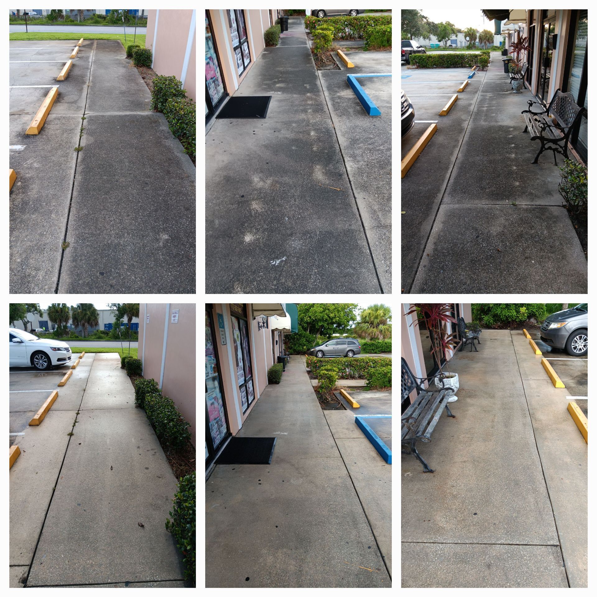 A collage of pictures showing a sidewalk before and after being cleaned