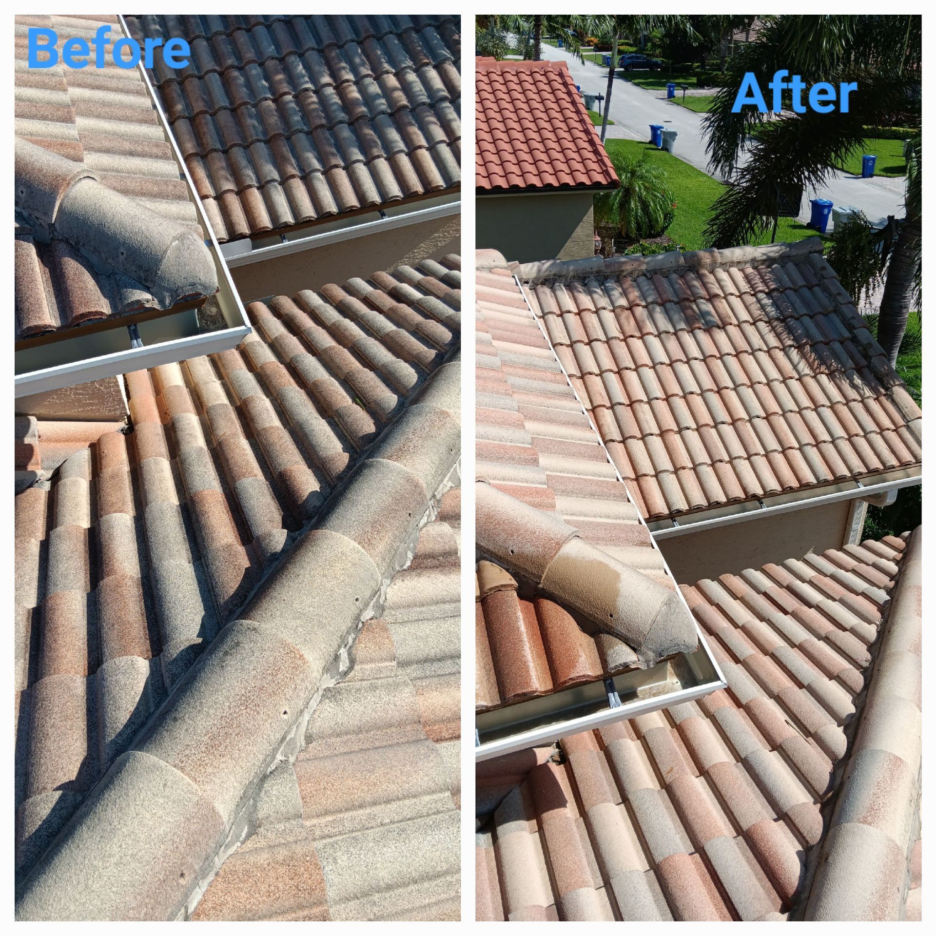 A before and after picture of a tile roof