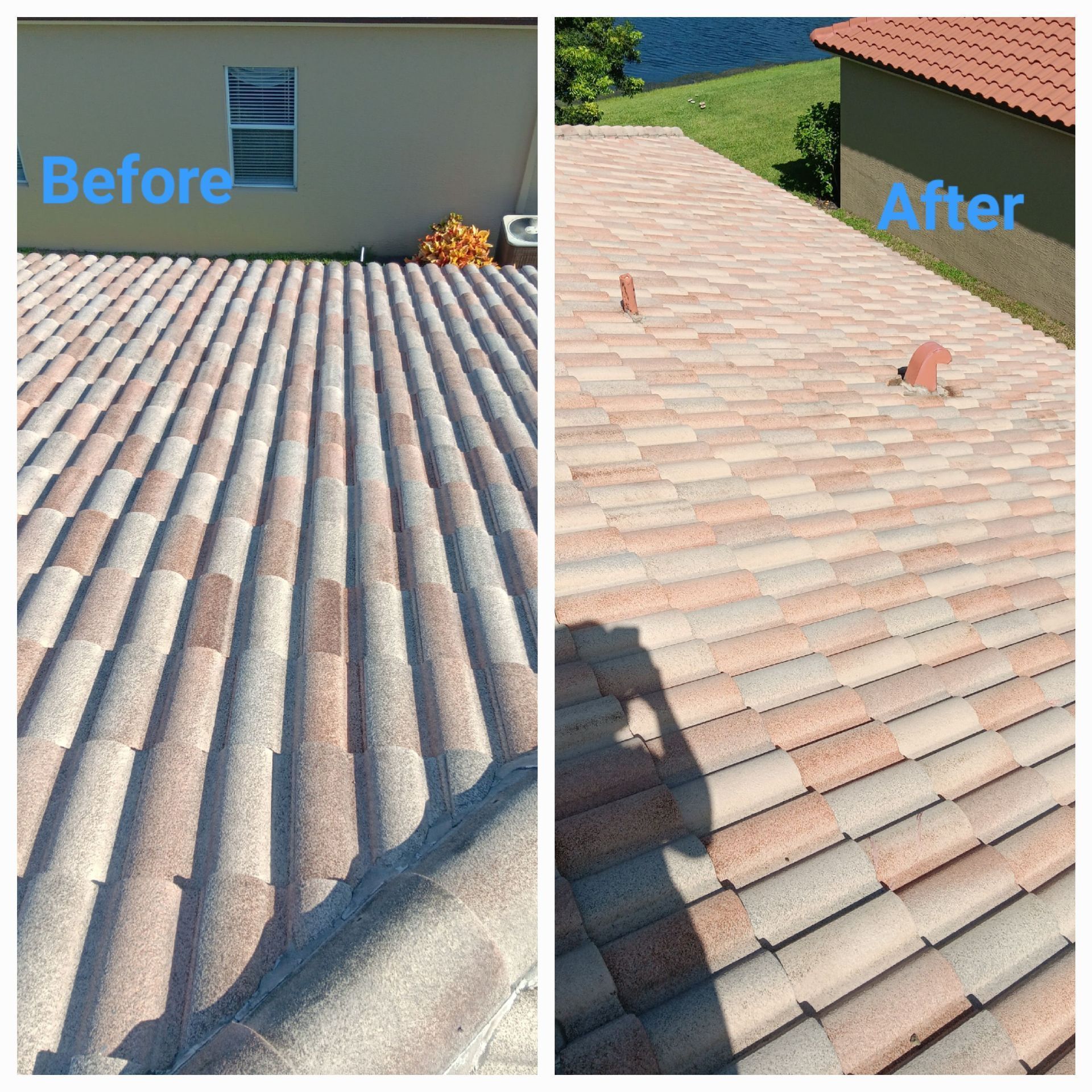 A before and after photo of a tiled roof