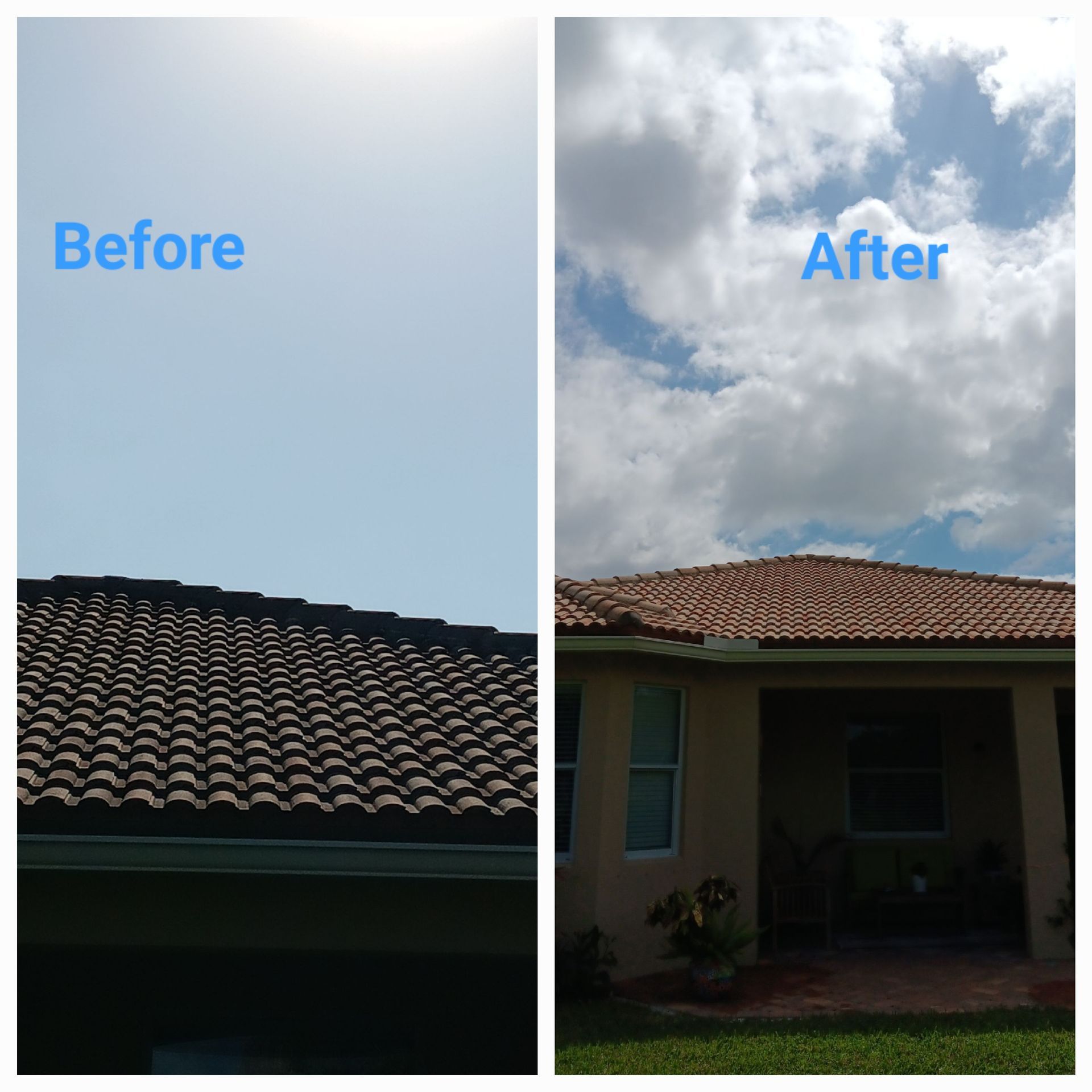 A before and after picture of a house with a tile roof
