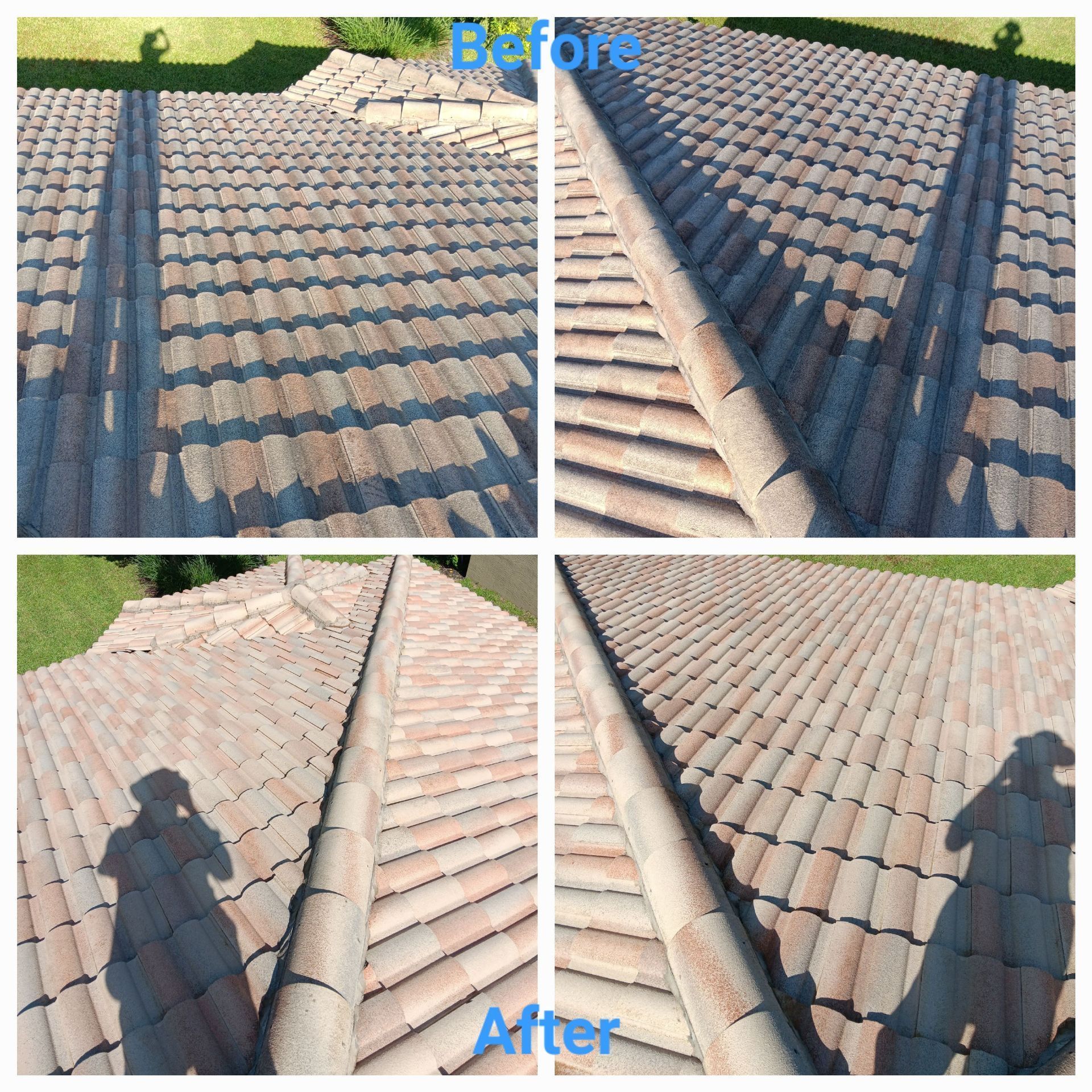 A before and after photo of a tiled roof