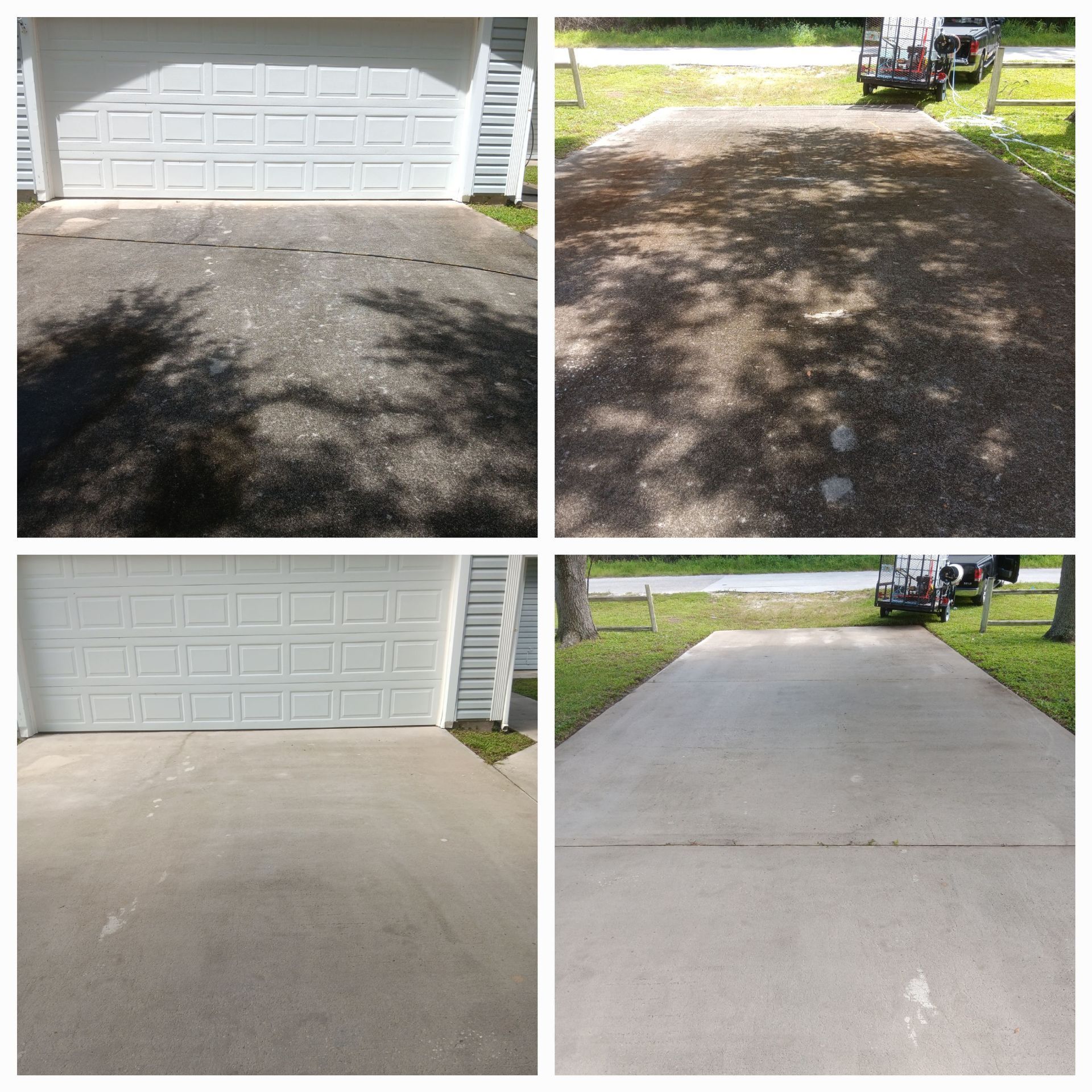 A before and after photo of a driveway with a garage door