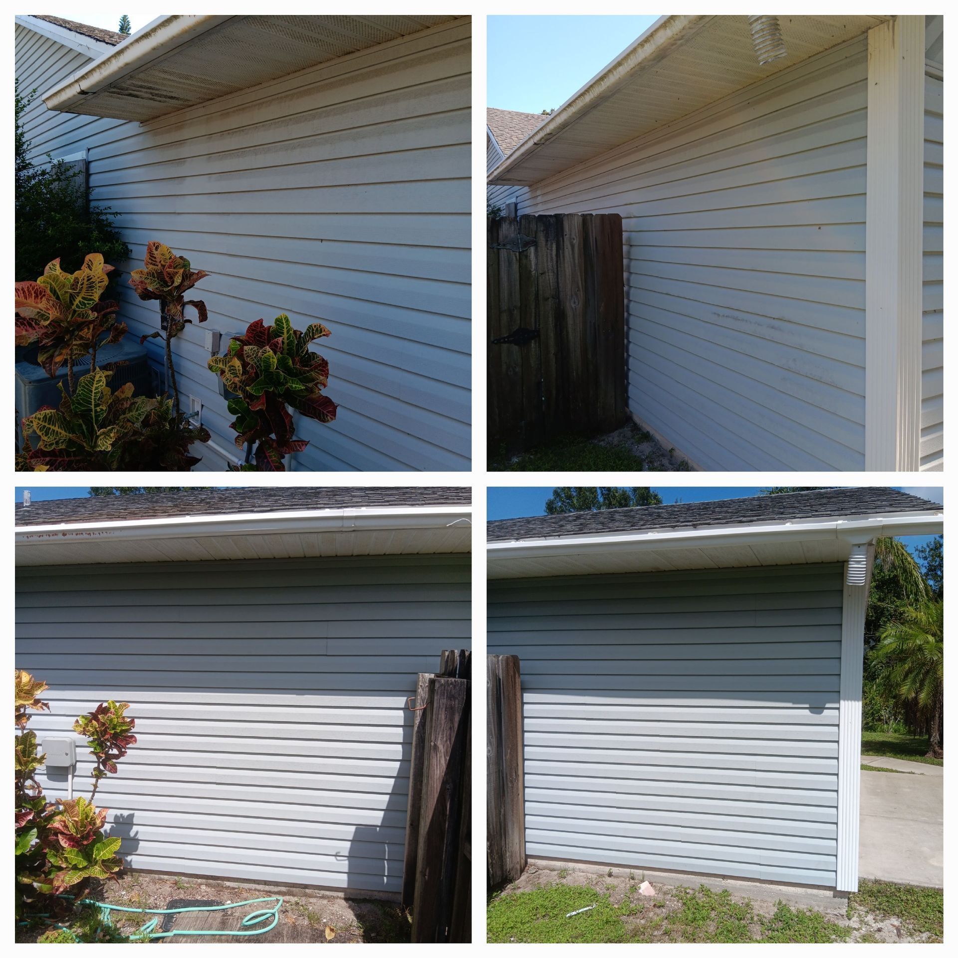 A collage of four pictures of a house with white siding and a wooden fence