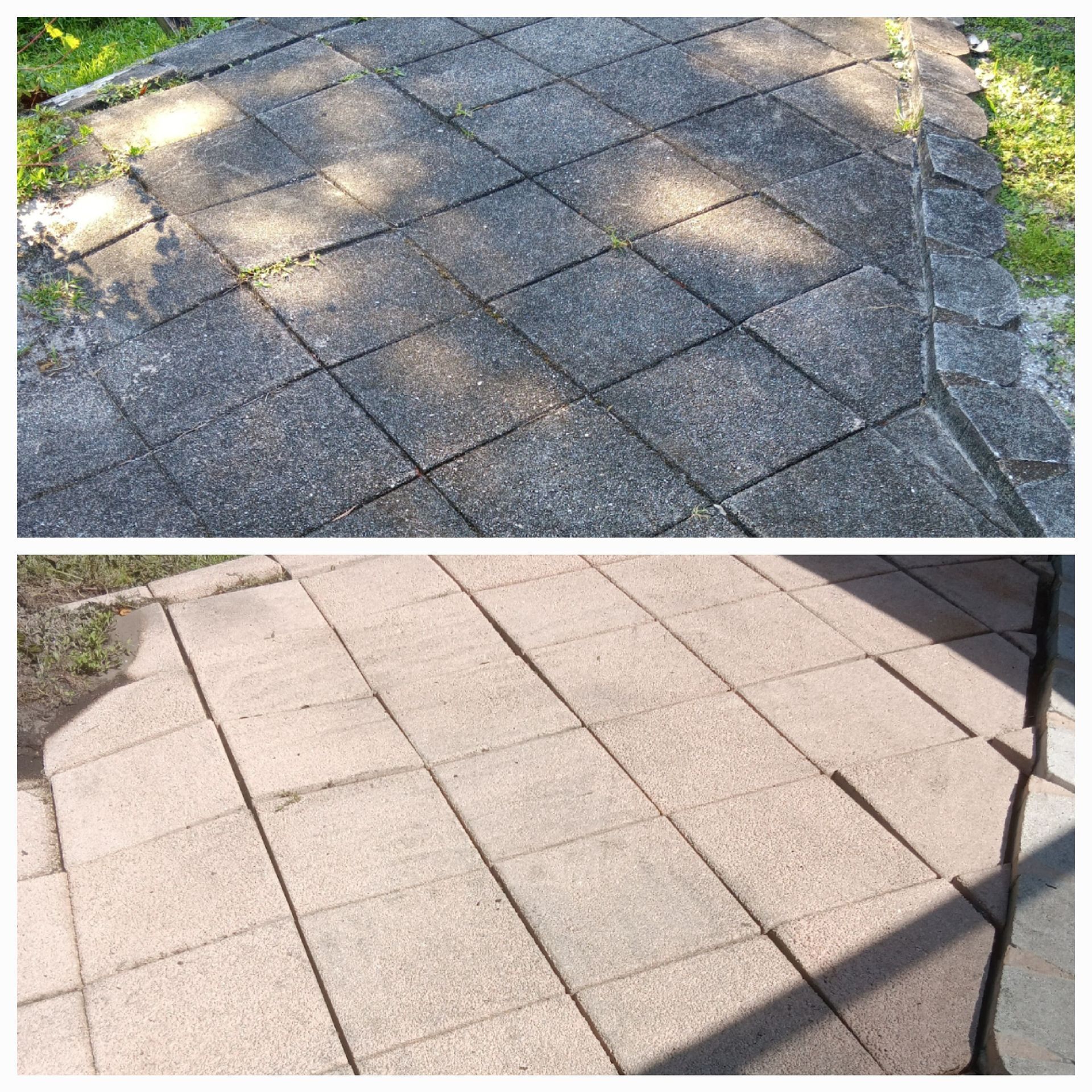 A before and after photo of a brick walkway
