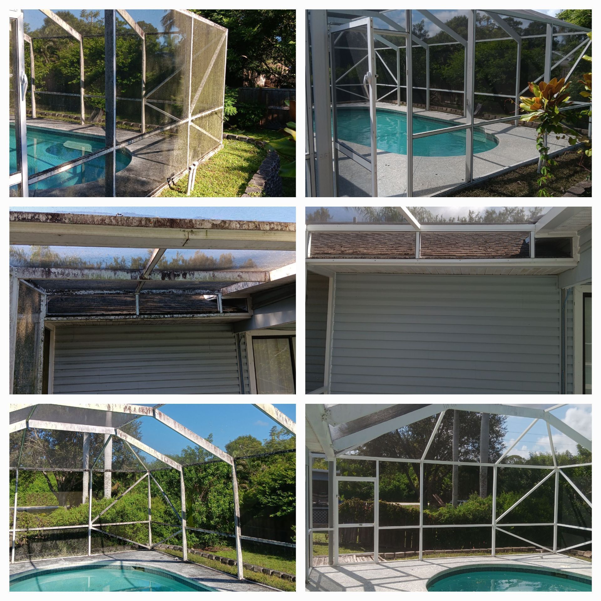A pictures of a screened in pool area