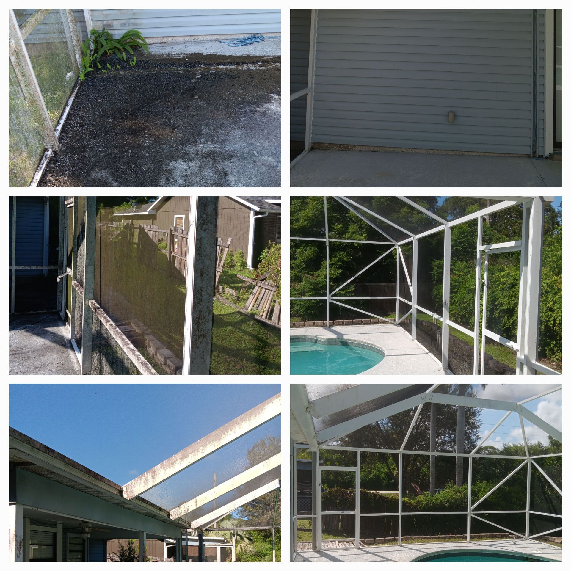 A collage of pictures of a screened in porch and pool