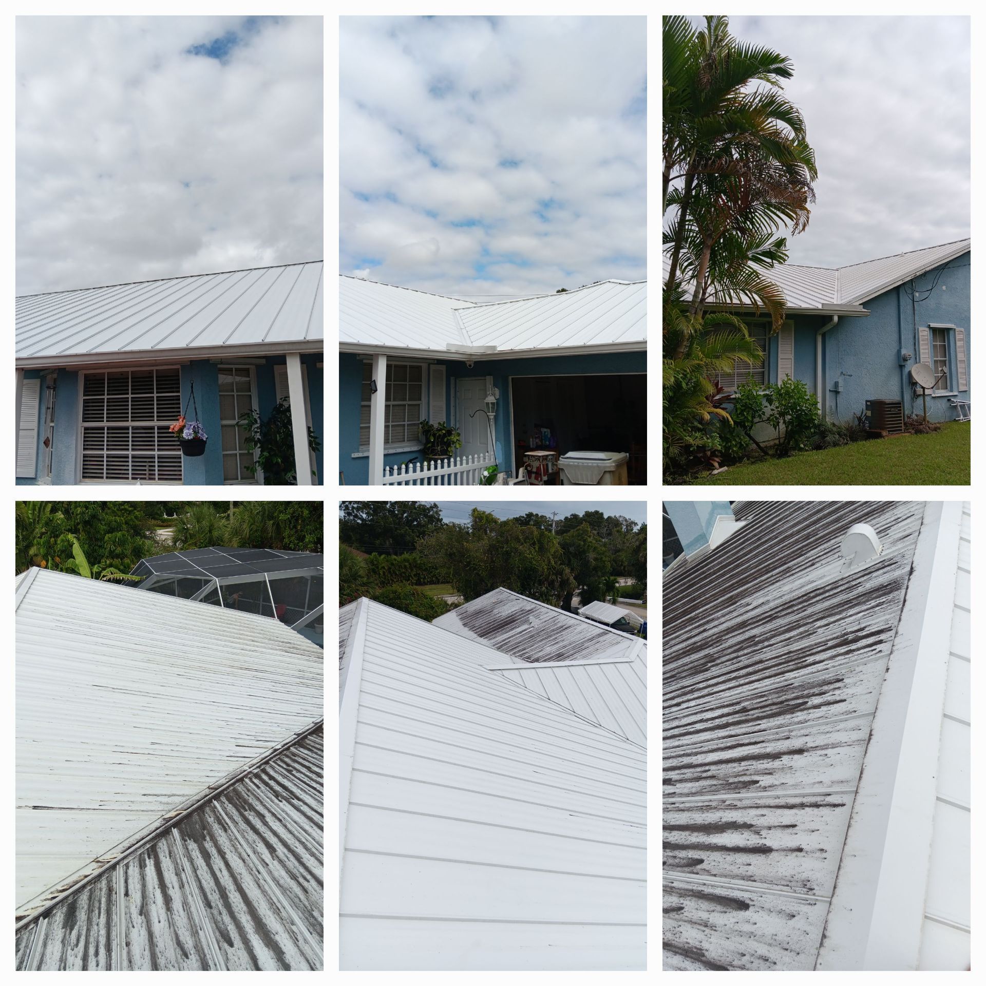 A collage of pictures of a house with a white roof