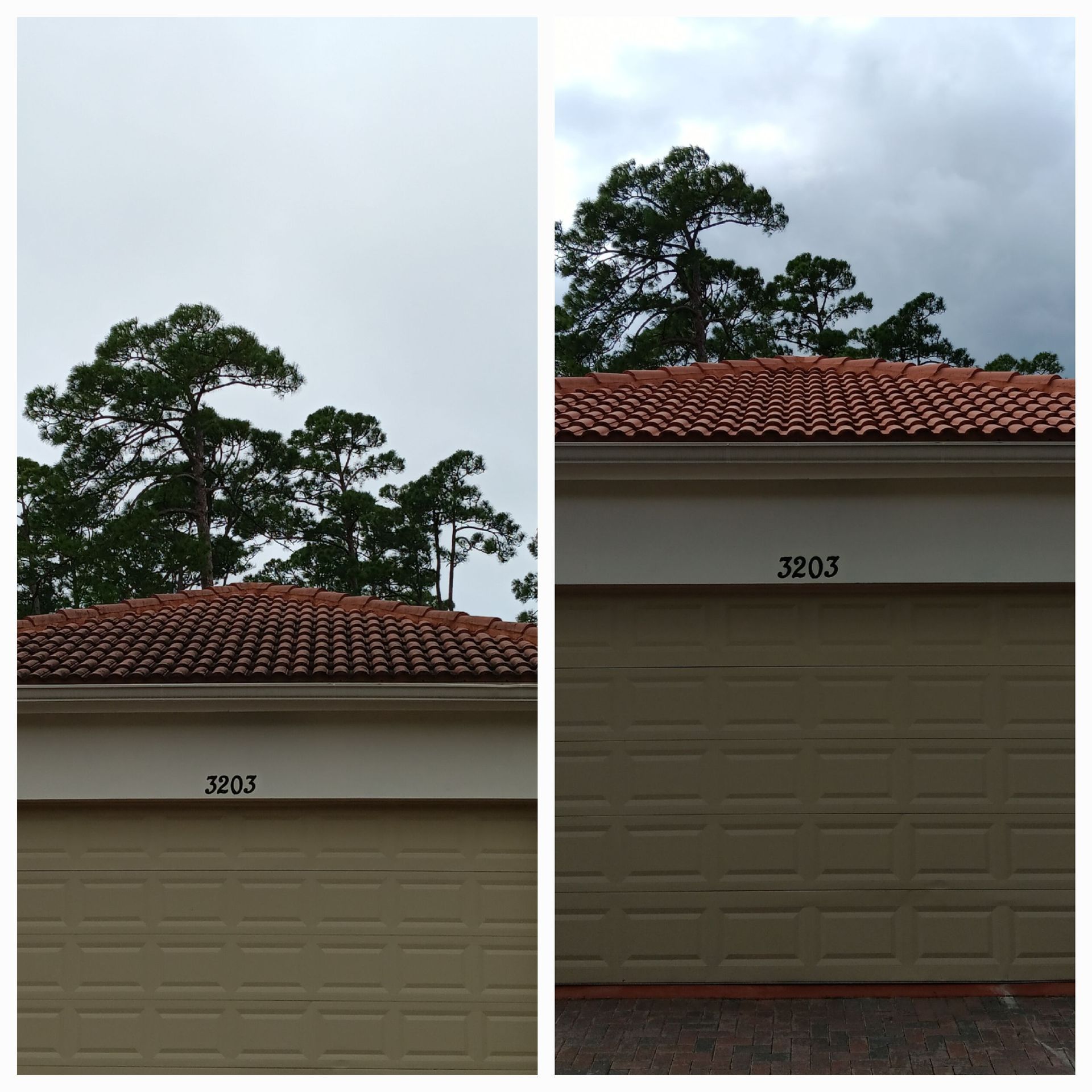 A before and after picture of a house with a red tile roof