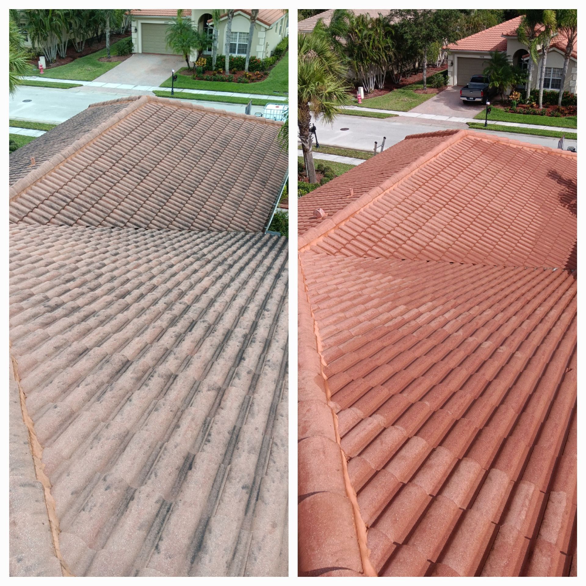 A before and after picture of a tile roof being cleaned