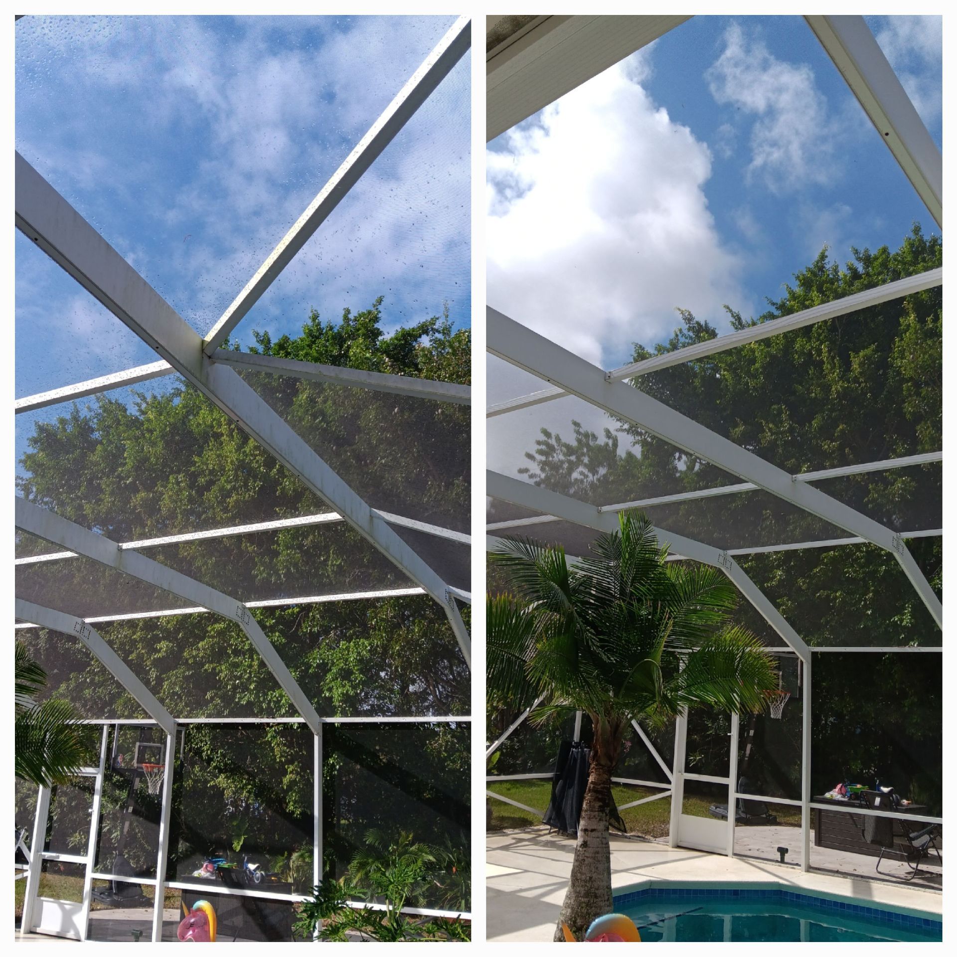 A before and after picture of a screened in pool area