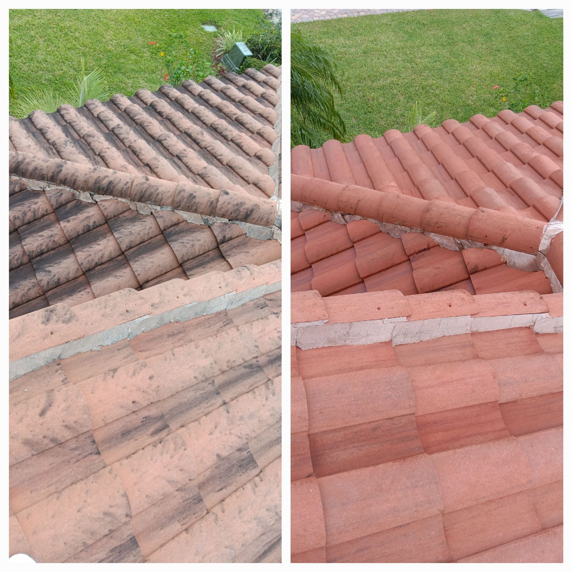 A before and after picture of a tiled roof
