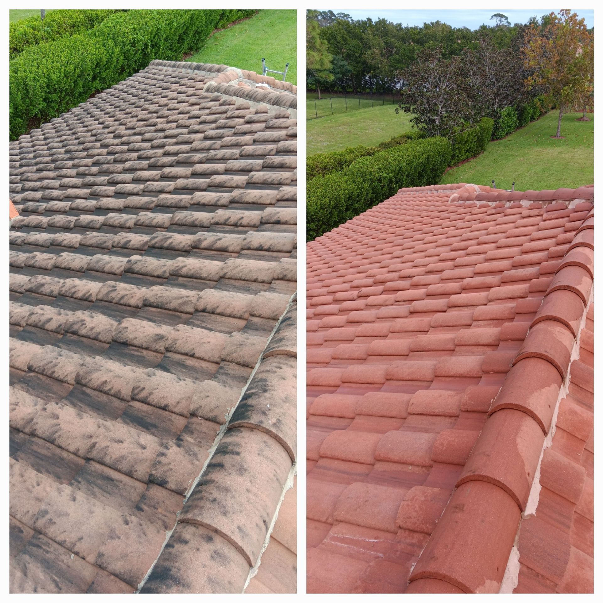 A before and after picture of a tiled roof