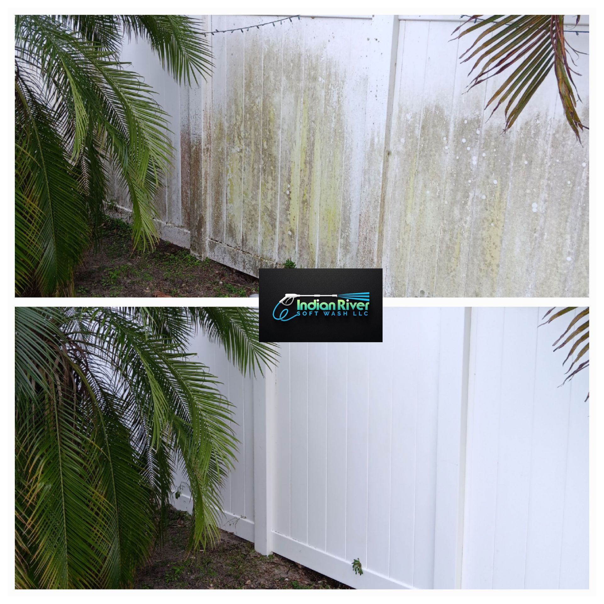 A before and after picture of a white fence with moss on it