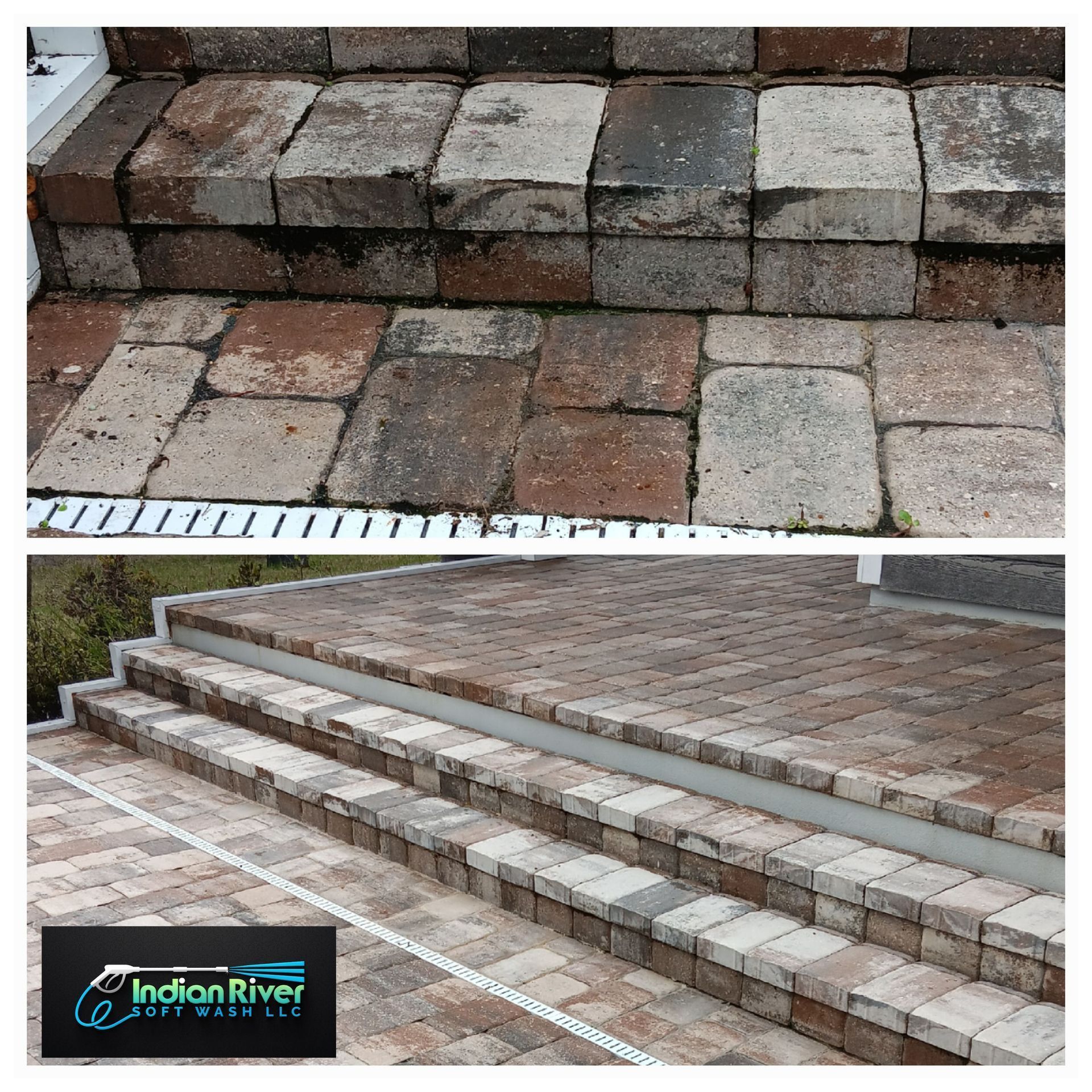 A before and after photo of a brick walkway
