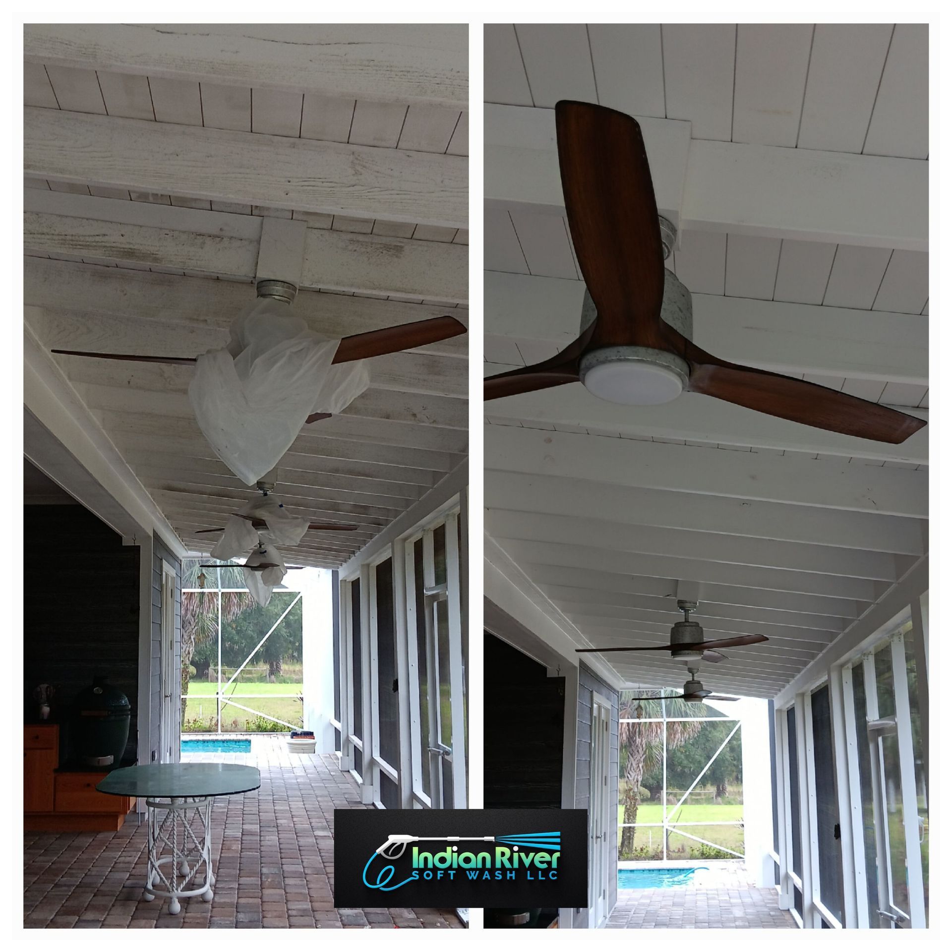 A before and after photo of a ceiling fan on a porch