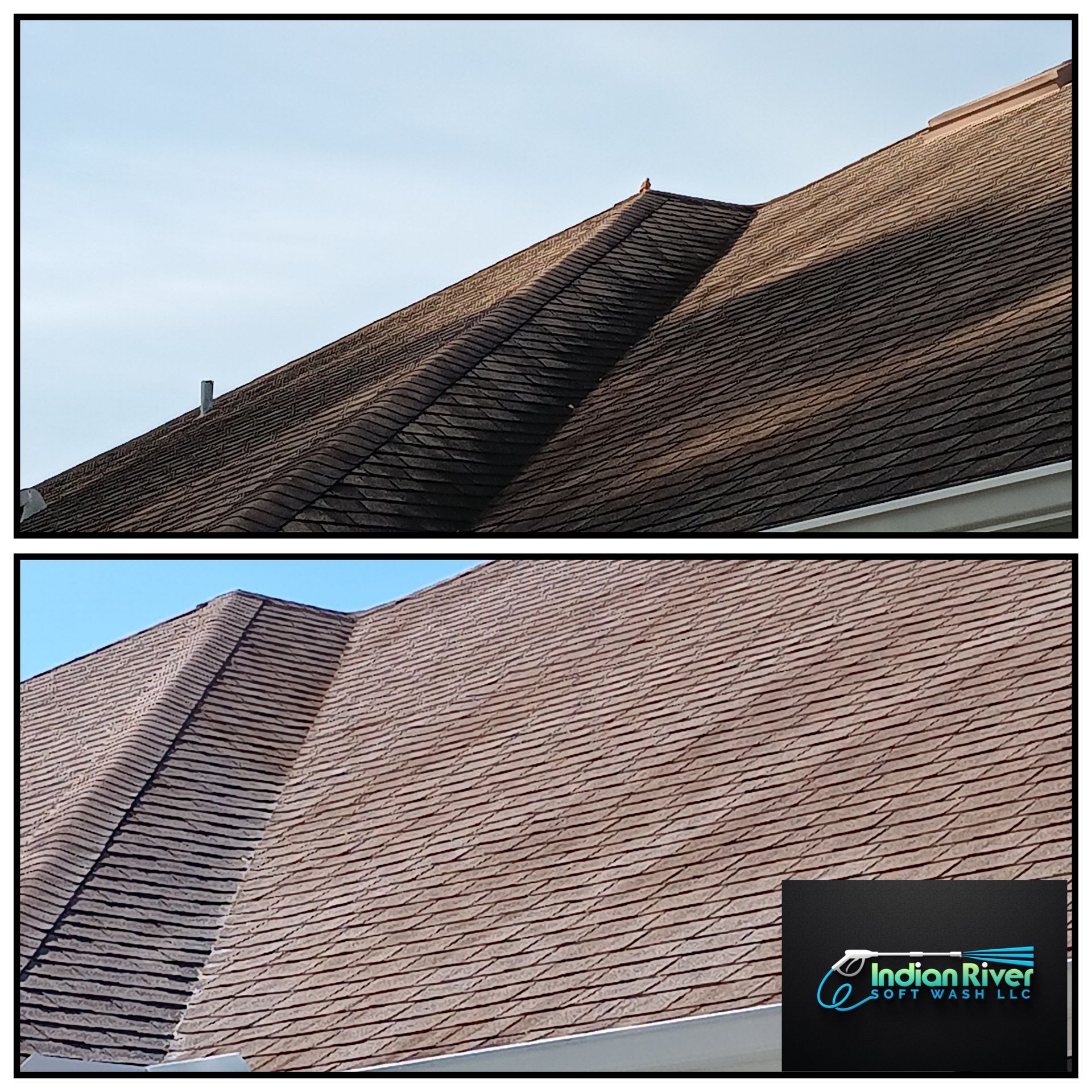 A before and after picture of a roof