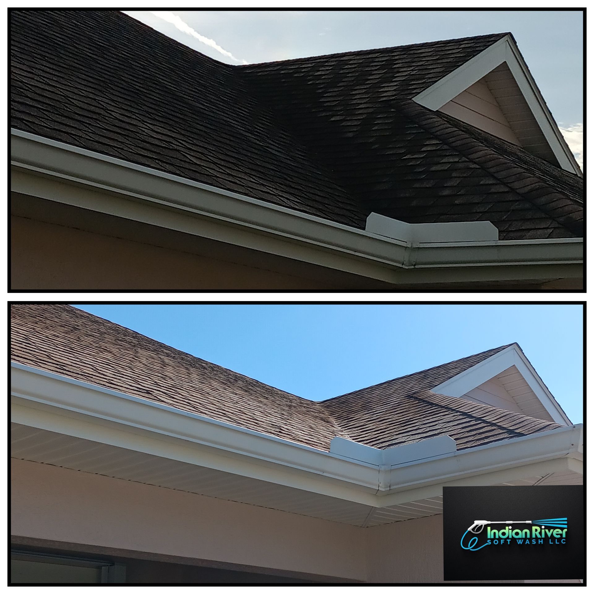 A picture of a roof before and after being cleaned