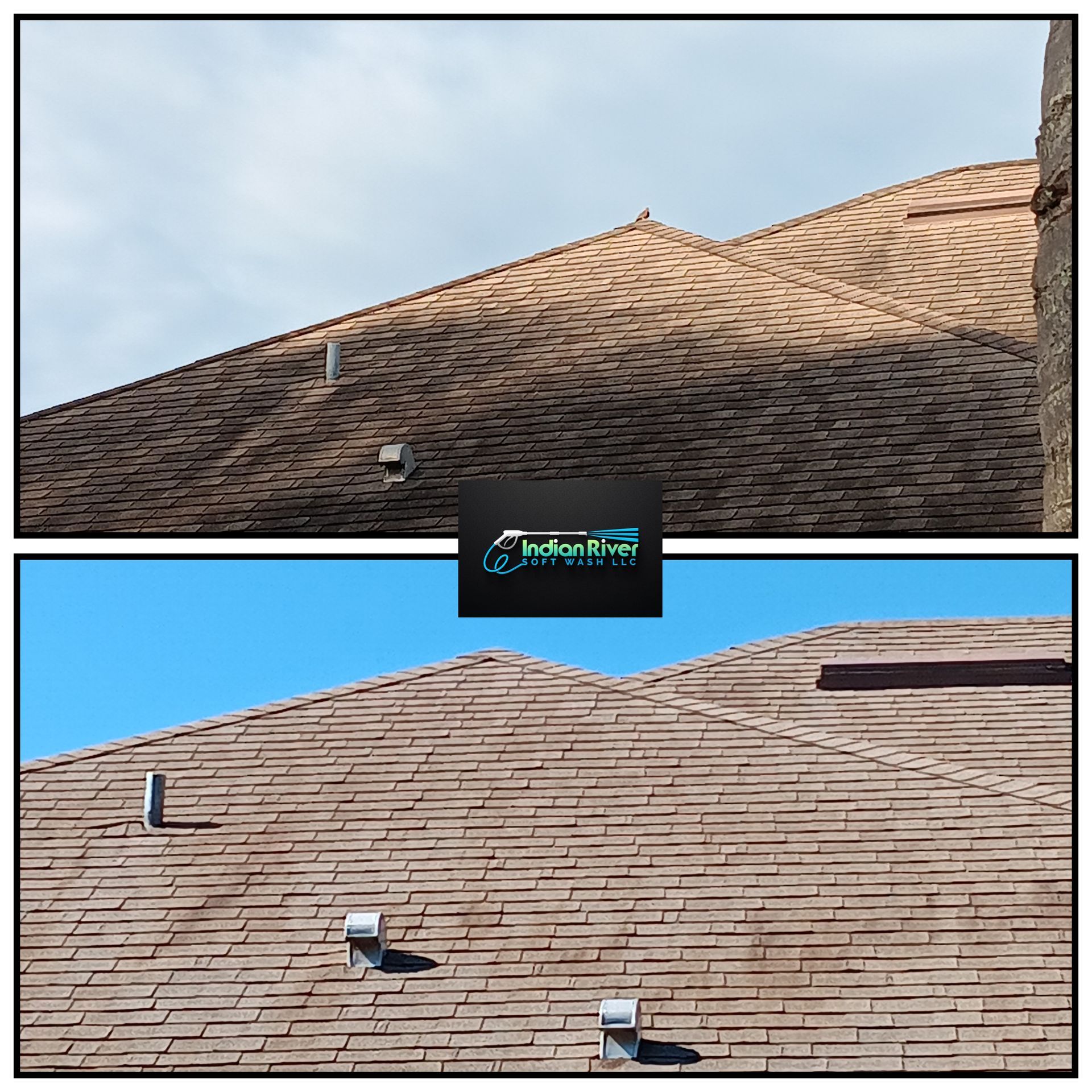 A picture of a roof before and after being cleaned