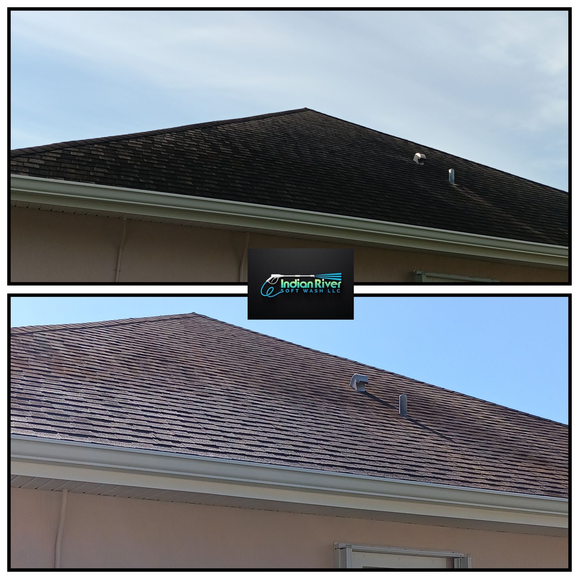 A before and after picture of a house 's roof