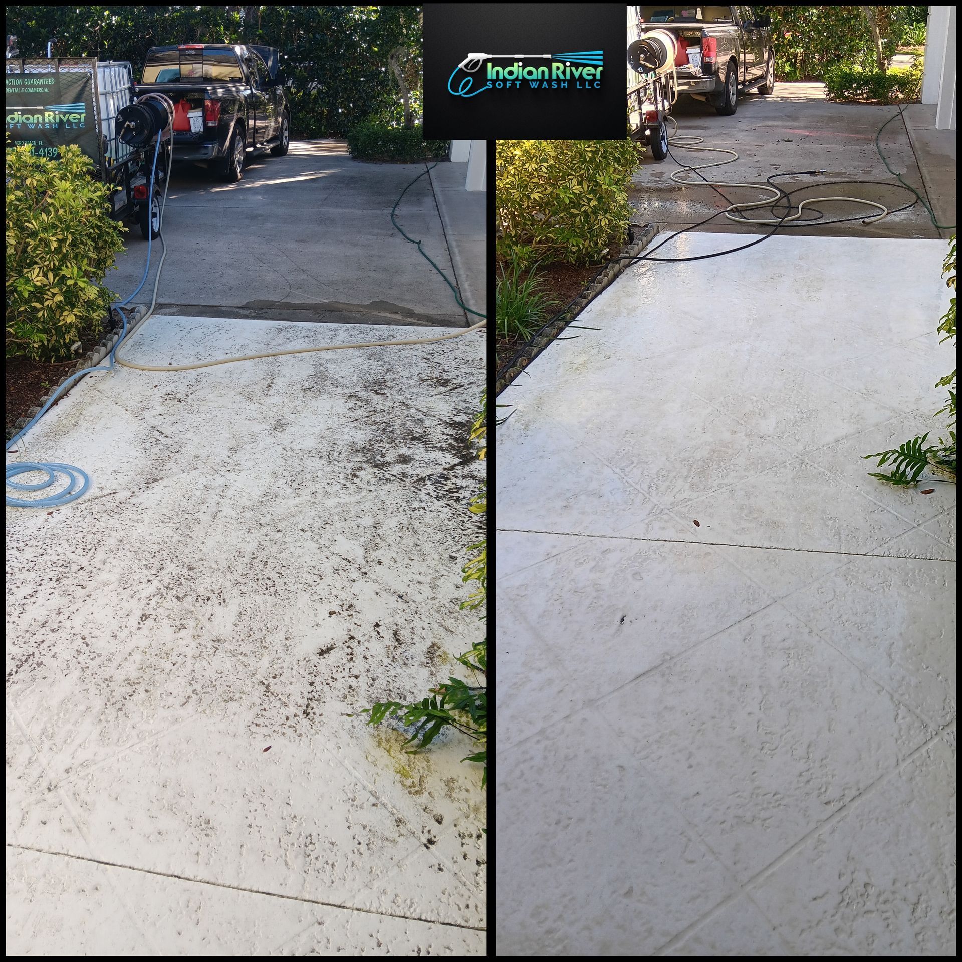 A before and after photo of a driveway