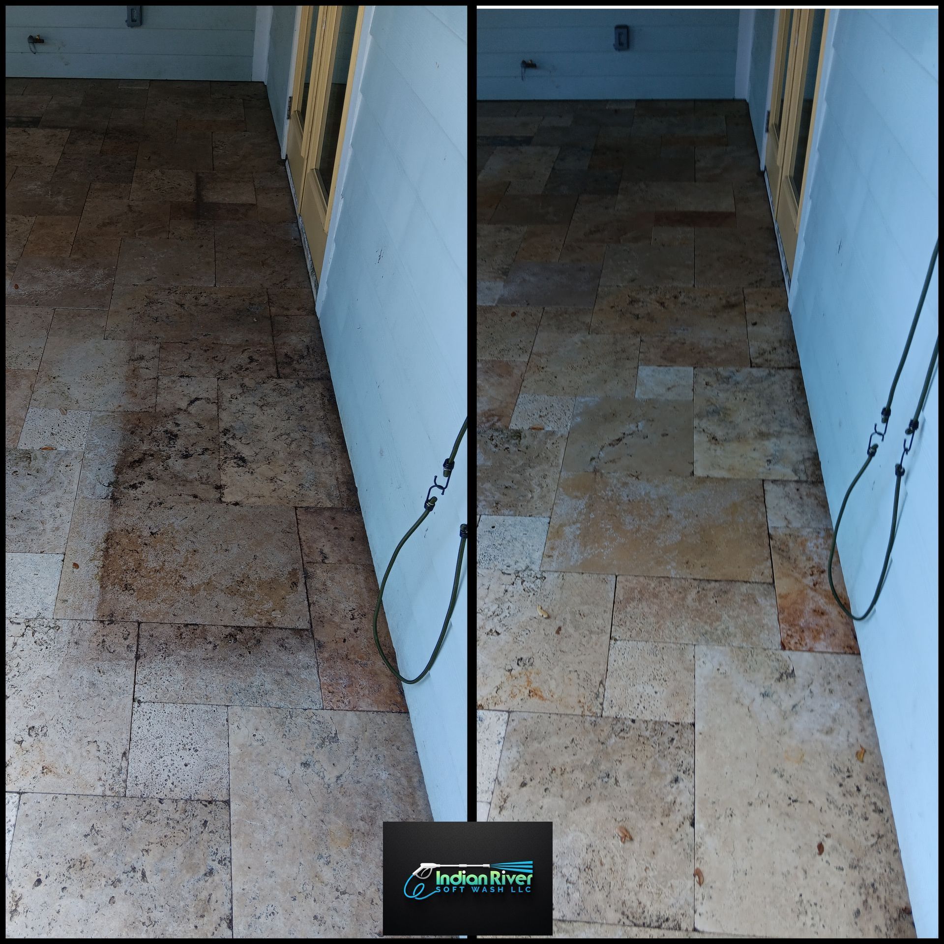 A before and after photo of a tile floor
