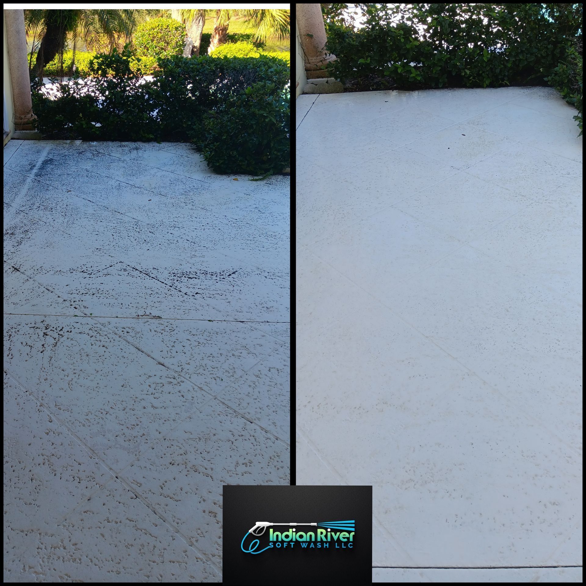 A before and after photo of a driveway