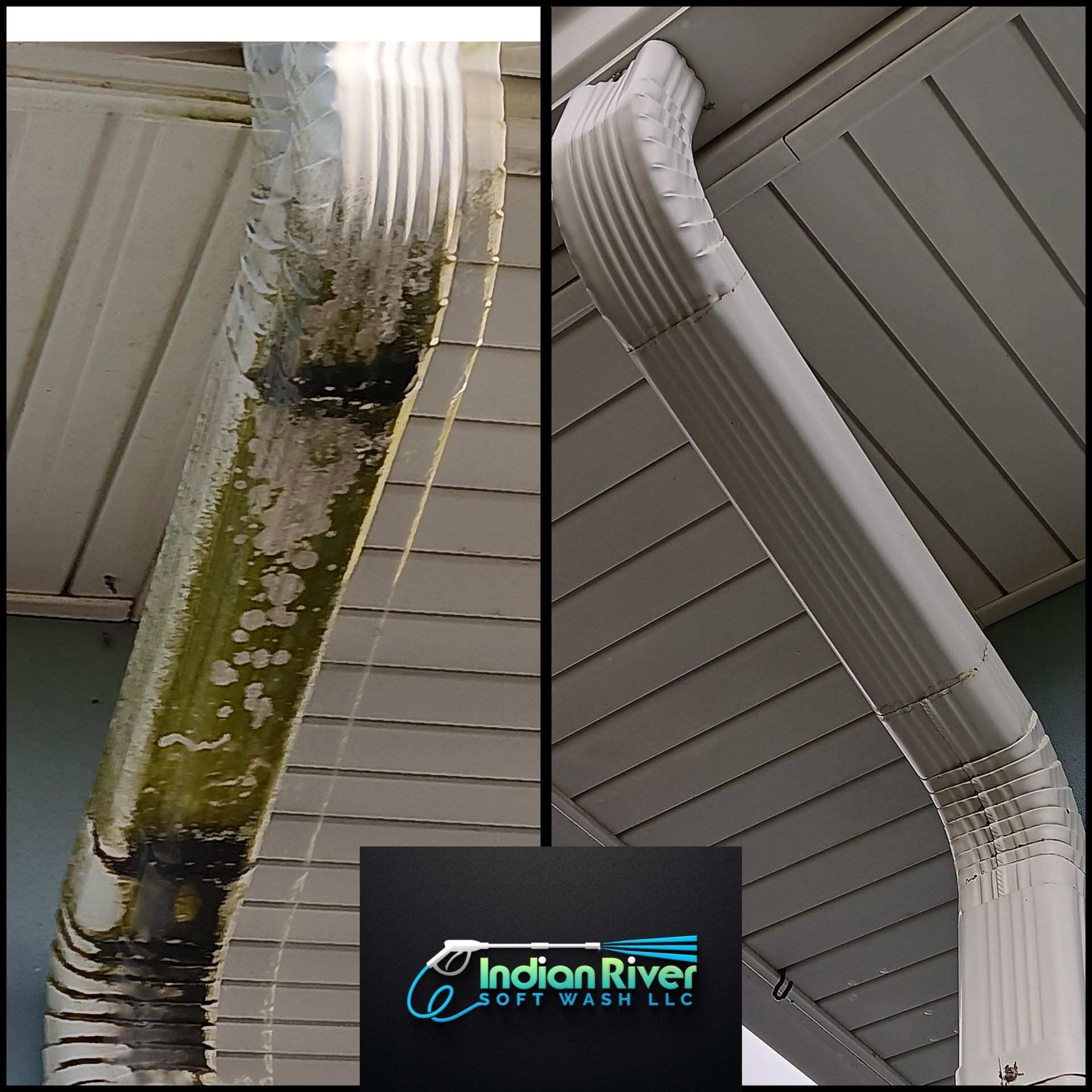 A picture of a gutter before and after being cleaned