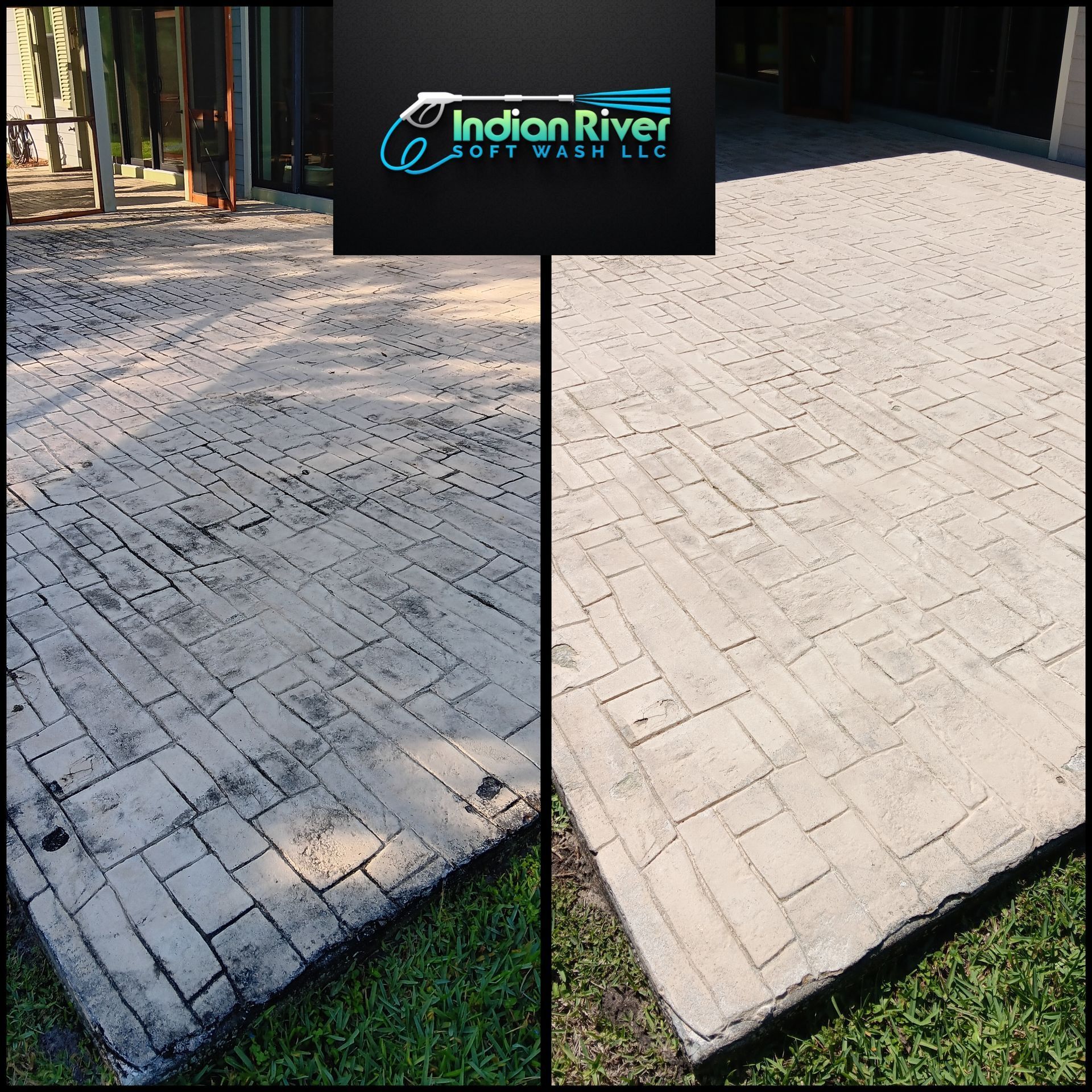 A before and after photo of a brick driveway