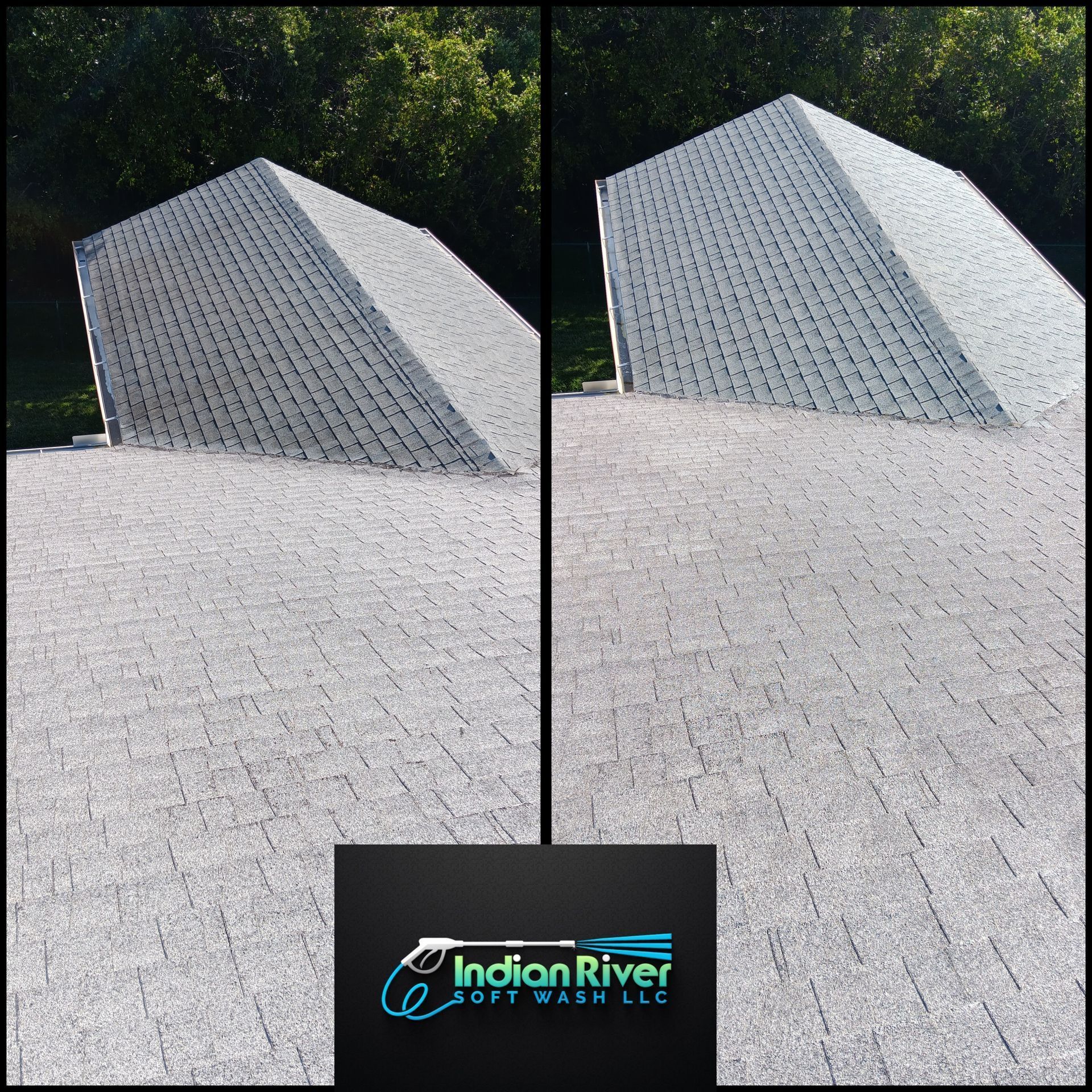 A before and after photo of a roof