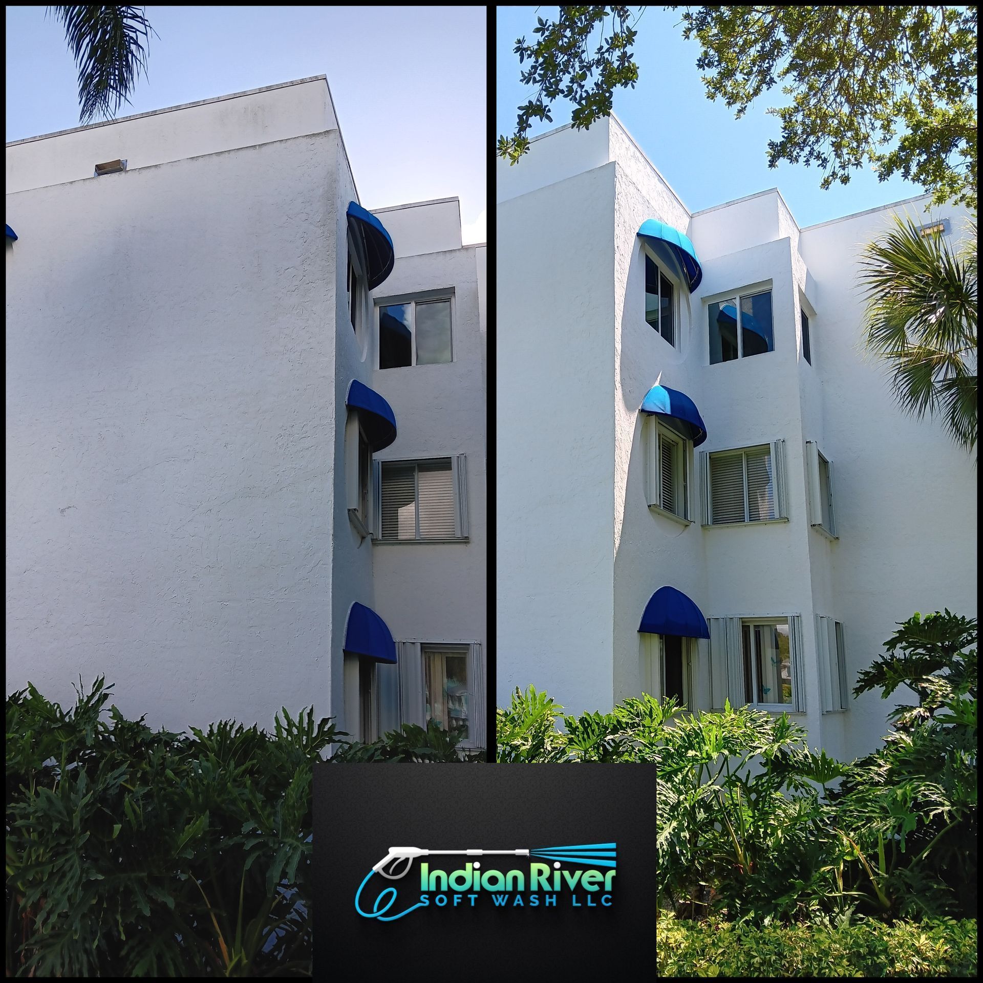 A before and after photo of a building