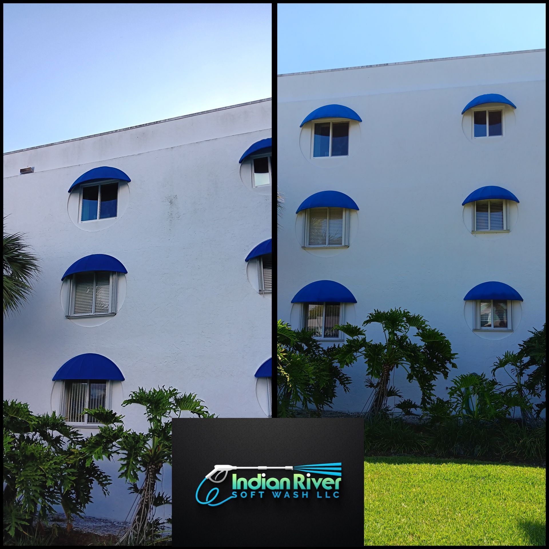 A white building with blue awnings