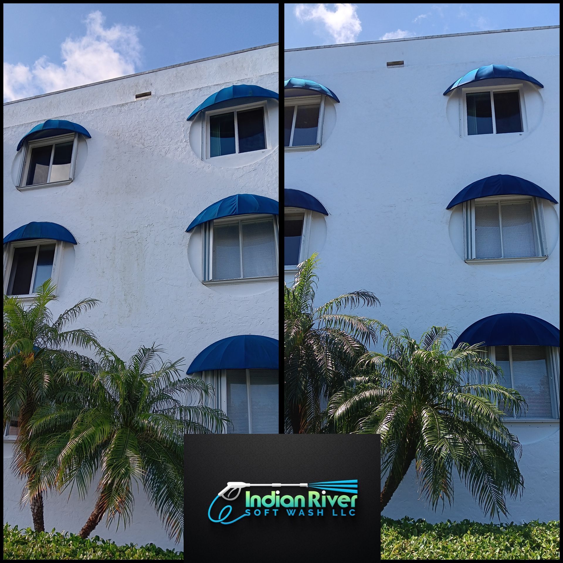 A before and after photo of a white building with blue awnings