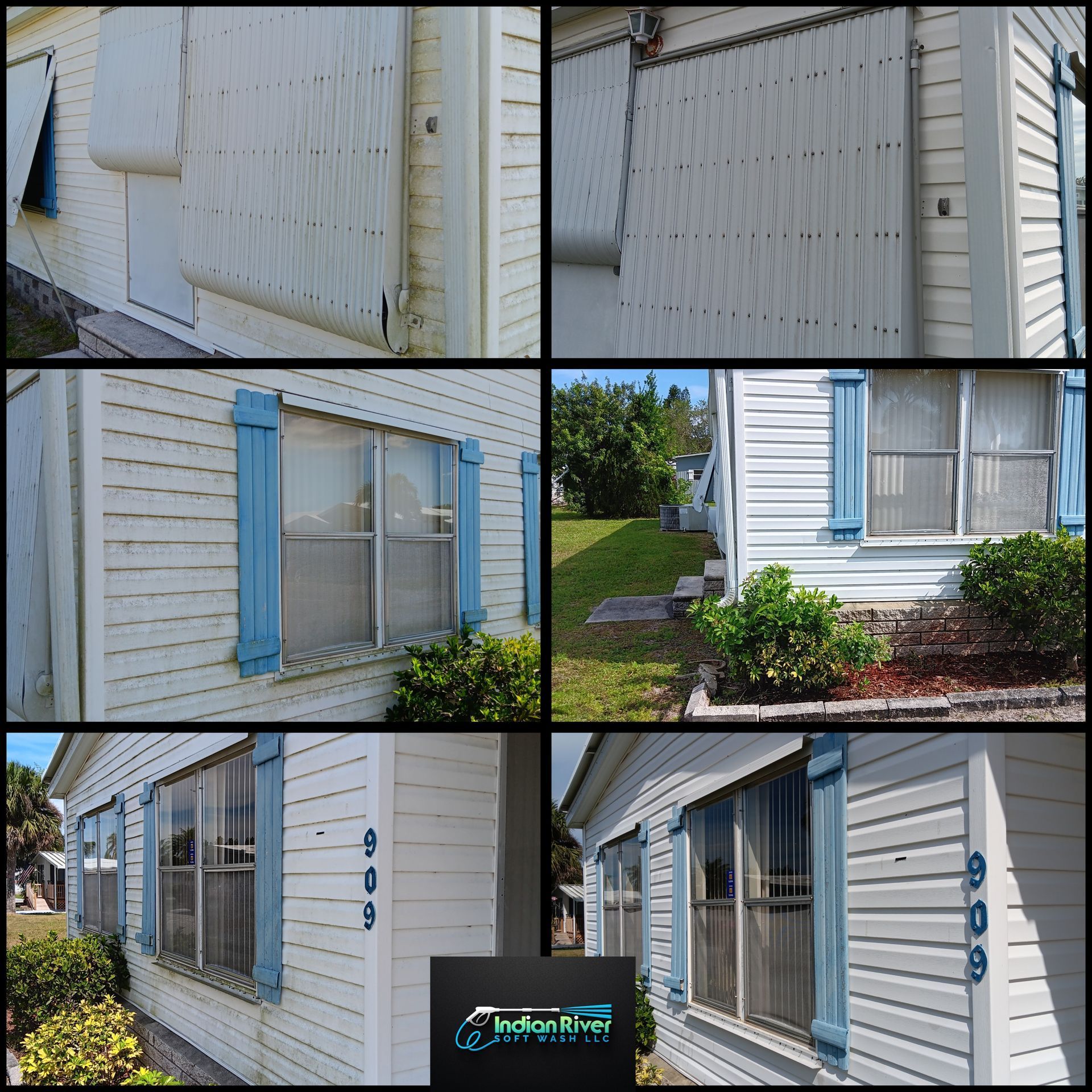 A collage of pictures of a white house with blue shutters