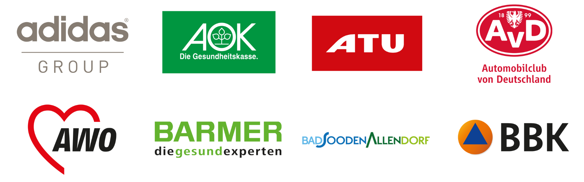 Eine Reihe von Logos auf weißem Hintergrund, darunter Adidas und AOK