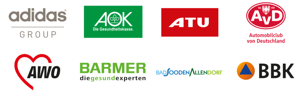 Eine Reihe von Logos auf weißem Hintergrund, darunter Adidas und AOK