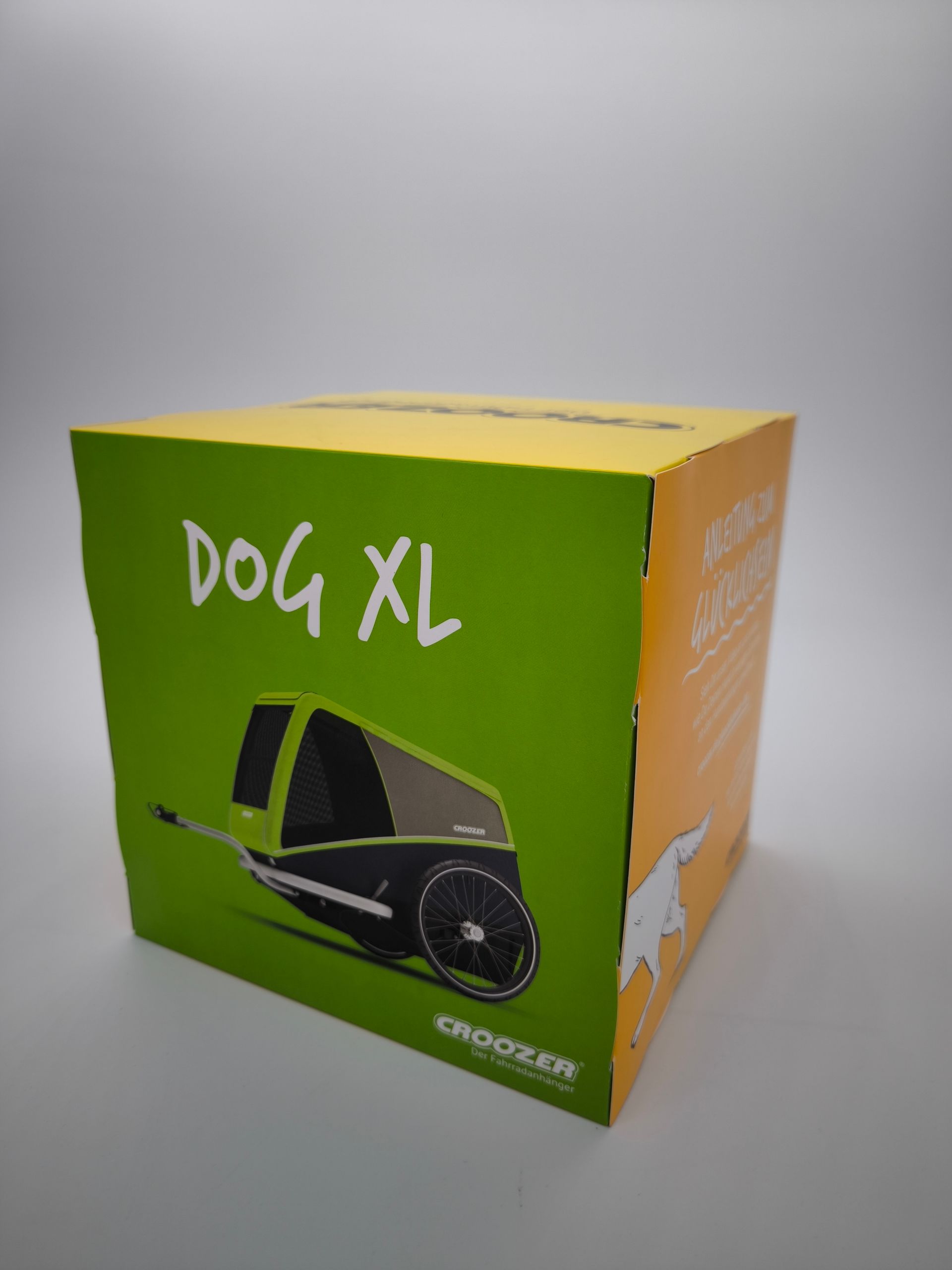 Eine grün-gelbe Schachtel mit der Aufschrift „Dog XL“