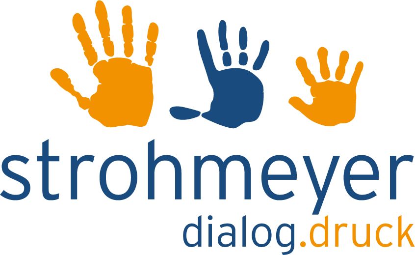 A logo for strohmeyer dialog druck with three hand prints
