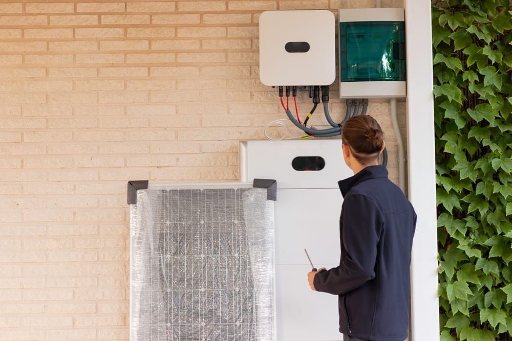 A Man is Standing Next to a Solar Panel on a Brick Wall — Refrigerated Technologies (QLD) Pty Ltd In Collinsville, QLD
