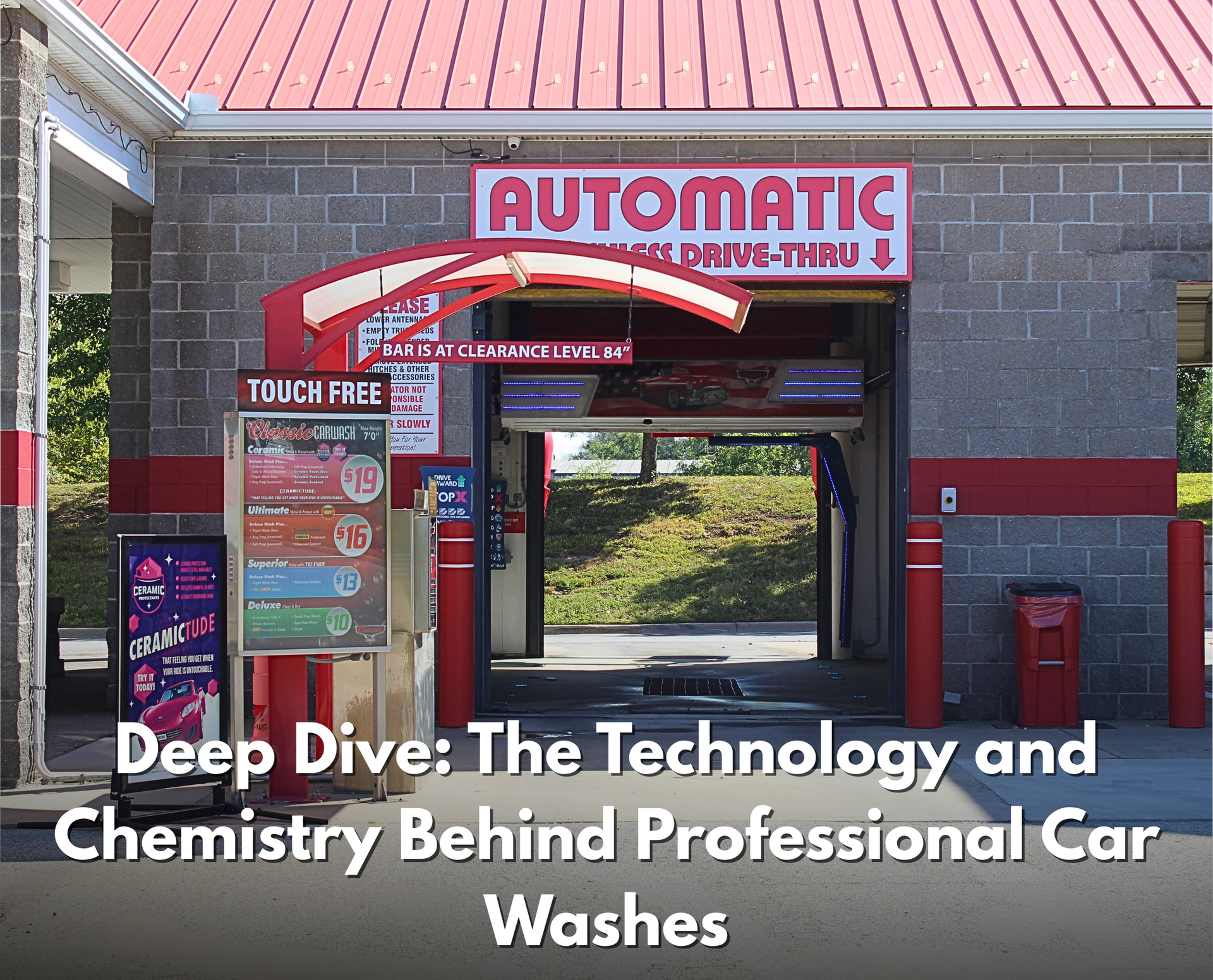 Exterior of an automatic car wash with red and gray brick. Text reads 