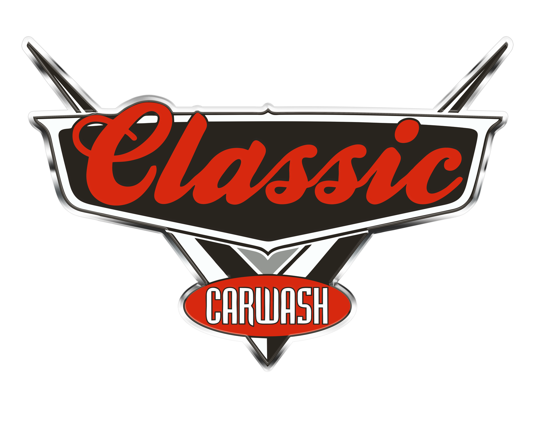 A logo that looks like the emblem on a the hood of a car that says Classic Carwash