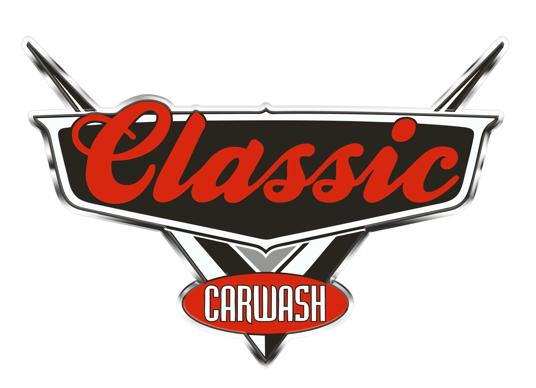 A logo that looks like the emblem on a the hood of a car that says Classic Carwash