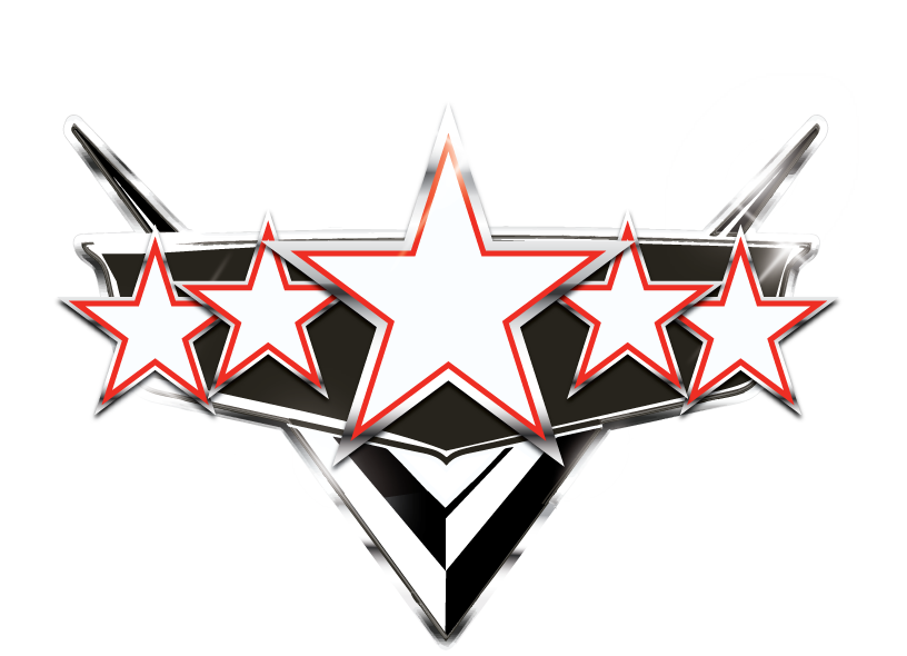 A black and white logo with 5 stars on it