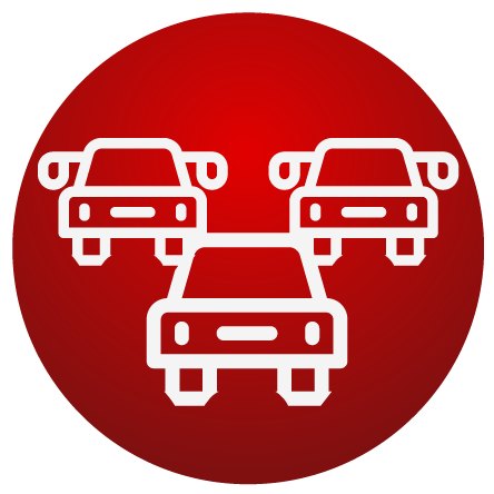 Three car icons in a red circle.