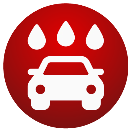 A car icon with three drops of water on it in a red circle.